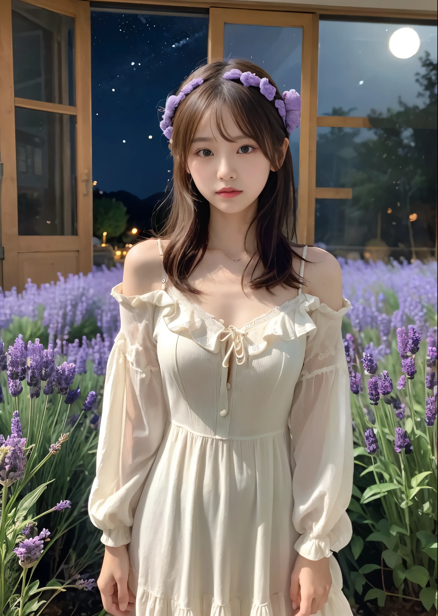 Cute 1 Girl、A girl is standing in a lavender field on a small hill, She is wearing a dress with a small bust、She is wearing a hair accessory made from lavender、Light is visible from the farmhouse window、The Andromeda Galaxy swirls in the night sky、Perfect lighting、Sharp focus、High definition、high resolution、High color reproducibility、High resolution、Surreal、Like the picture