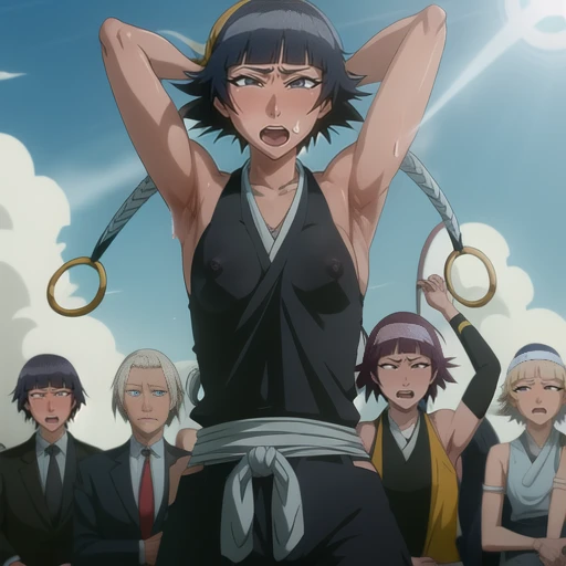 ( Animation screenshots:1.1),outdoor, Nipples exposed, 1 woman, alone, black hair, side breasts,eternal, short hair with long locks, japanese clothing, - Hip vents, no underwear,short hair, small breasts, (white eyes:1.1),No eyeballs, Also available in black, no headgear,low double braids,facing the audience, looking at the audience, tired, from below, (Exposed armpit:1.1), ((armpit:1.2)), Sexy, Sweat dripping, More and more sweat,(ahegao), (Roll your eyes), naughty face, blush, open mouth, Sticking out tongue, saliva, Slobber,Runny nose,skinny, raise arms, (arms above head:1.5)