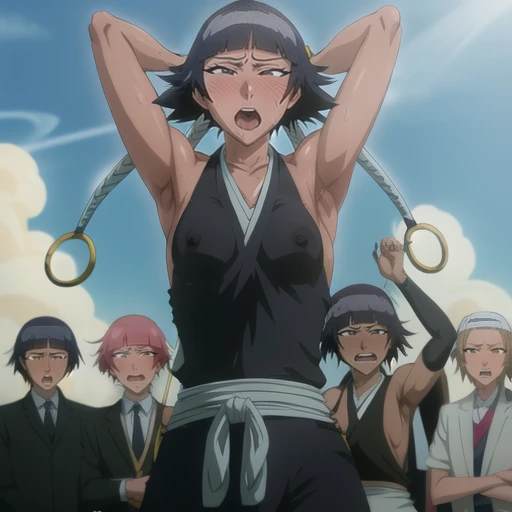 ( Animation screenshots:1.1),outdoor, Nipples exposed, 1 woman, alone, black hair, side breasts,eternal, short hair with long locks, japanese clothing, - Hip vents, no underwear,short hair, small breasts, (white eyes:1.1),No eyeballs, Also available in black, no headgear,low double braids,facing the audience, looking at the audience, tired, from below, (Exposed armpit:1.1), ((armpit:1.2)), Sexy, Sweat dripping, More and more sweat,(ahegao), (Roll your eyes), naughty face, blush, open mouth, Sticking out tongue, saliva, Slobber,Runny nose,skinny, raise arms, (arms above head:1.5)