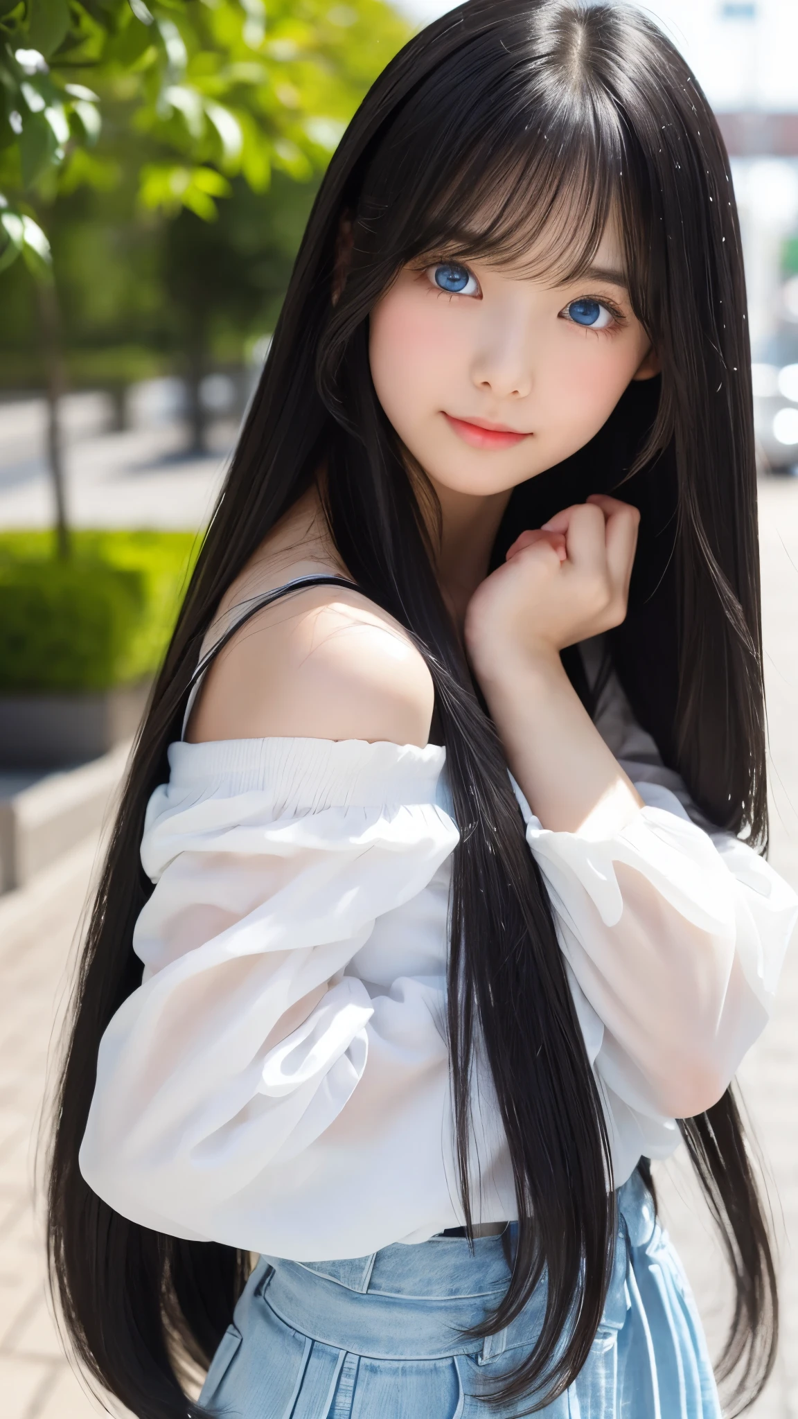Shining, clear, white skin、Her windblown black hair hides her beautiful face.、huge、28 years old cute sexy little beautiful face、Beautiful straight hair that stands out、growing up, Sparkling light blue eyes、long silky bangs that cover cute eyes, Sexy and cute young woman with super long hair hiding her sexy face、super long black hair