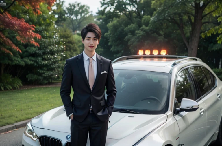 (( big eyes and keep eyes contact ))(( real photos))((highest quality))The light on the face is natural and realistic(( Smile and comfortable )) (One wearing a white shirt、Asian man in suit and tie,Age 28.Height 182 cm)、best quality、masterpiece、Ultra-high resolution、(Photo realism:1.4)、Full body image、(A young handsome man in a suit standing on the street outdoor、Standing under the red maple tree、Red and big maple leaves、delicate leaves、branch details)、(A white BMW car next to the man、Man's hands on car roof)Octane Rendering、8K、Super sharp、realistic light、(There is only one car on the street、man's big shining eyes、looking in the direction of the camera)、、Ultra high quality、tall gentleman、very beautiful hair、Bright photos、As handsome as a model、As handsome as an idol,Professional profile photo, Professional portrait photos、Realistic portrait photos, Detailed color portrait, Portrait of an idol, High quality full body portrait photos.