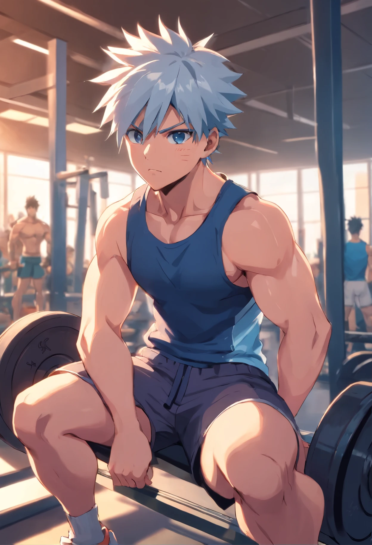 Kakashi Hatake in Gym clothes training intensely in a bodybuilding Gym, Buffs, Looking at the audience, Gym, logic , Good results, Brown Hair