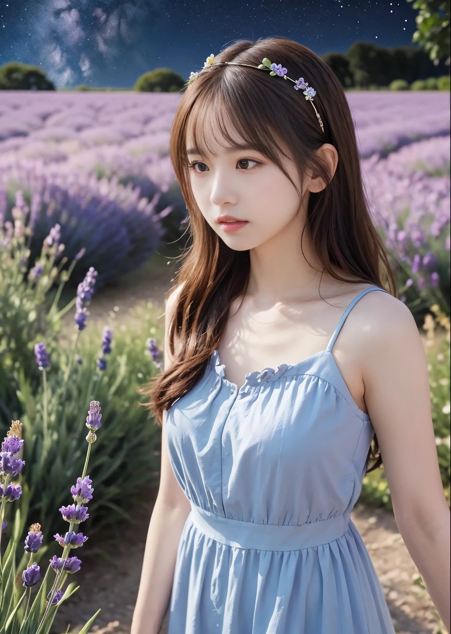 Cute 1 Girl、A girl is standing in a lavender field on a small hill, She is wearing a dress with a small bust、She is wearing a hair accessory made from lavender、Light is visible from the farmhouse window、The Andromeda Galaxy swirls in the night sky、Perfect lighting、Sharp focus、High definition、high resolution、High color reproducibility、High resolution、Surreal、Like the picture
