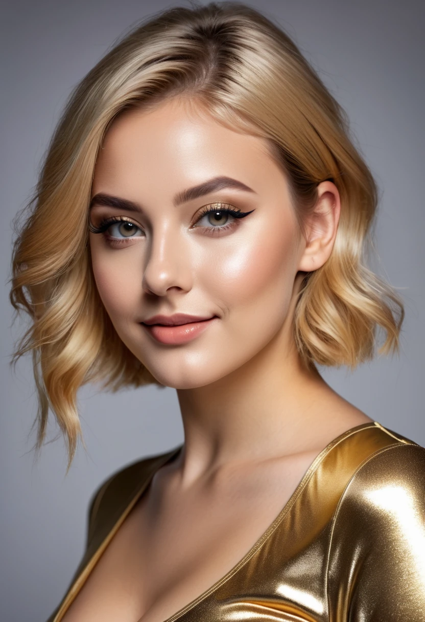 hyperrealistic beautiful busty 18-year-old women in shiny golden jumpsuit, model shooting mugshot photography, dyed blonde classic bob, dark eye makeup with eyeliner, seductive smile, 8K, best quality, Meisterwerk, ultra high resolution, (Realismus: 1.4), Originalfoto, (realistische Hautstruktur: 1.3), (Filmkorn: 1.3), (Selfie-Winkel), 1 girl, Beautiful eyes and facial details, Meisterwerk, best quality