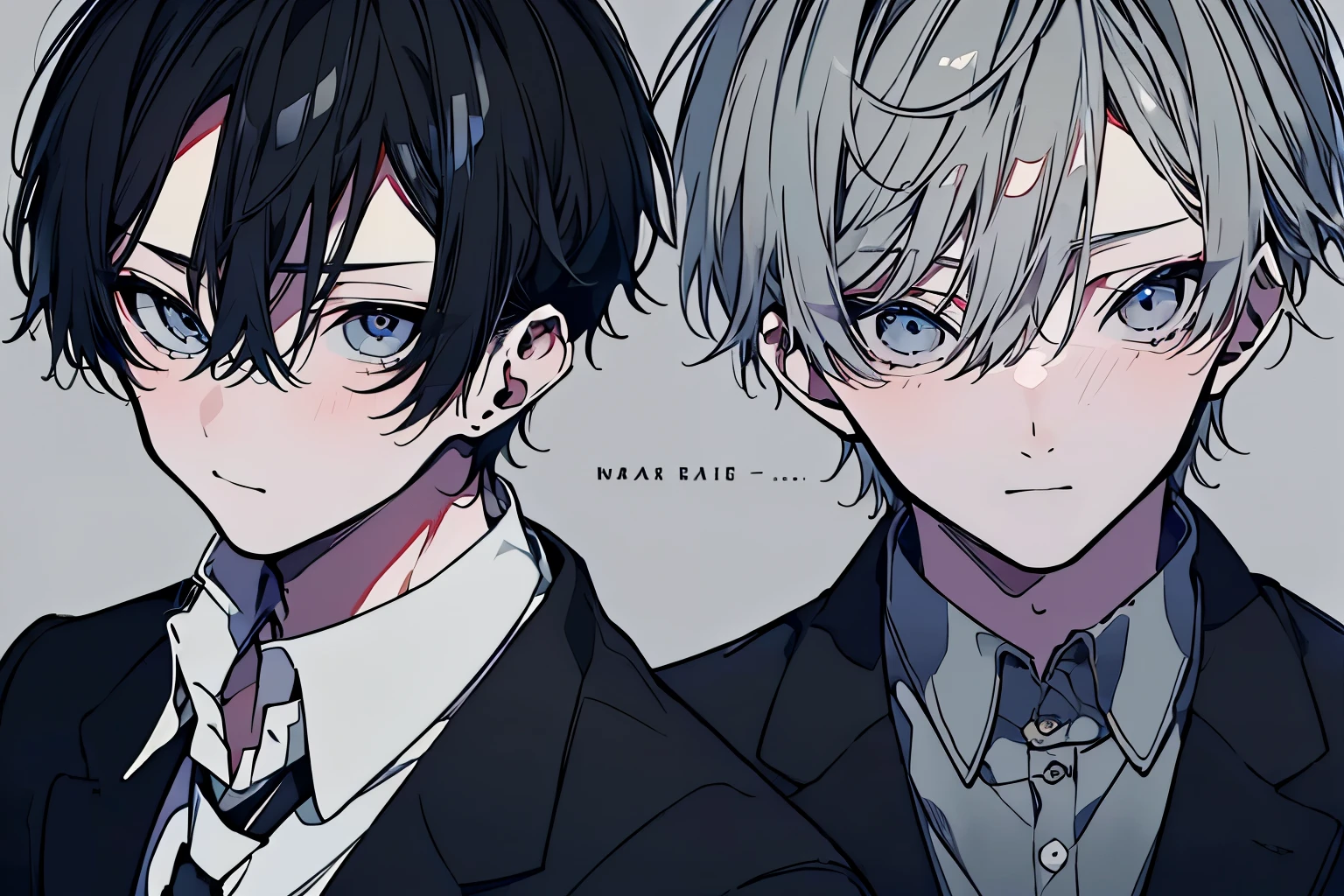 (Mastepiece), (Best Quality), Very detailed, ((Two friendly men)), Perfect Face, Beautiful Face, Very detailed顔,(Black-haired man:1.3),(Grey-haired man:1.3),suit,shirt