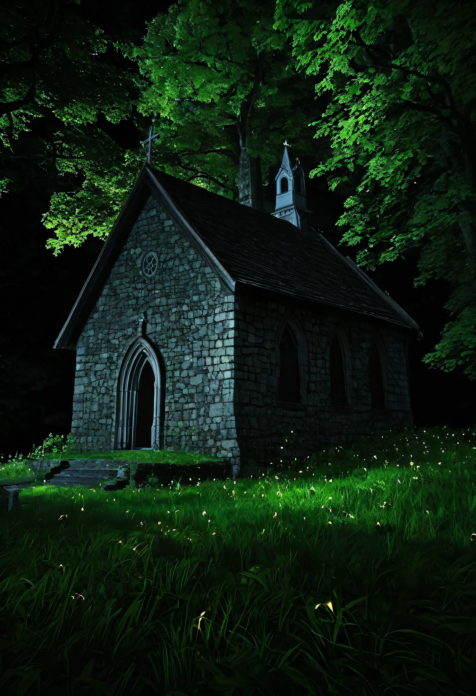 There is a small stone building with stone walls and trees., night,A cemetery full of fireflies, Nartex, built into wood or stone, old gothic basement, Abandoned, Edward Clark, Church in the Forest, basement, Color, Pain々Beautiful,, Inspired by Patrick Nasmyth, Dark Dark Church, monastery