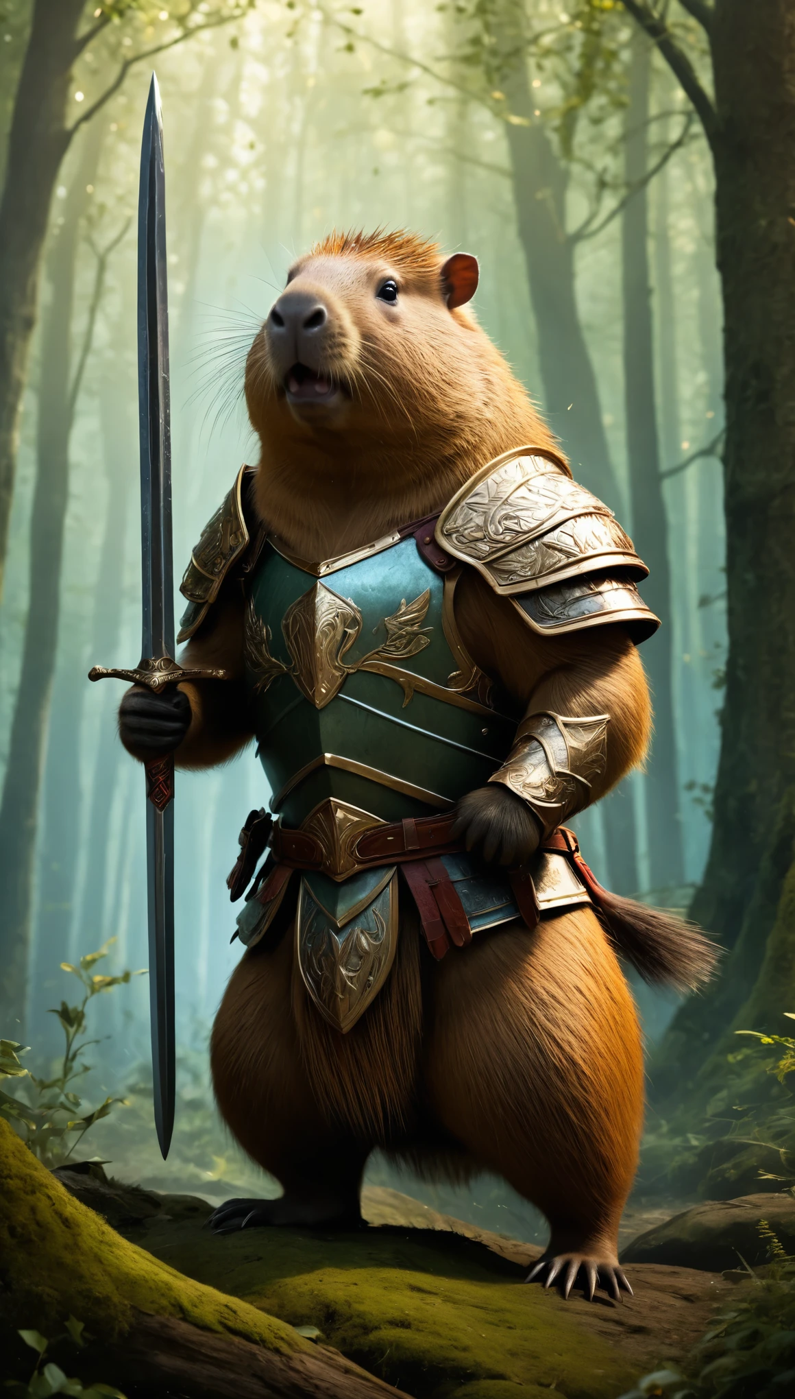 (best quality, highres:1.2), detailed fur texture, majestic pose,victory cry, body and fur painted in the colors of war, enchanted forest, magical lighting, epic battle scene, mythical great capybara, great warrior, fantasy armor and sword, detailed armor, 