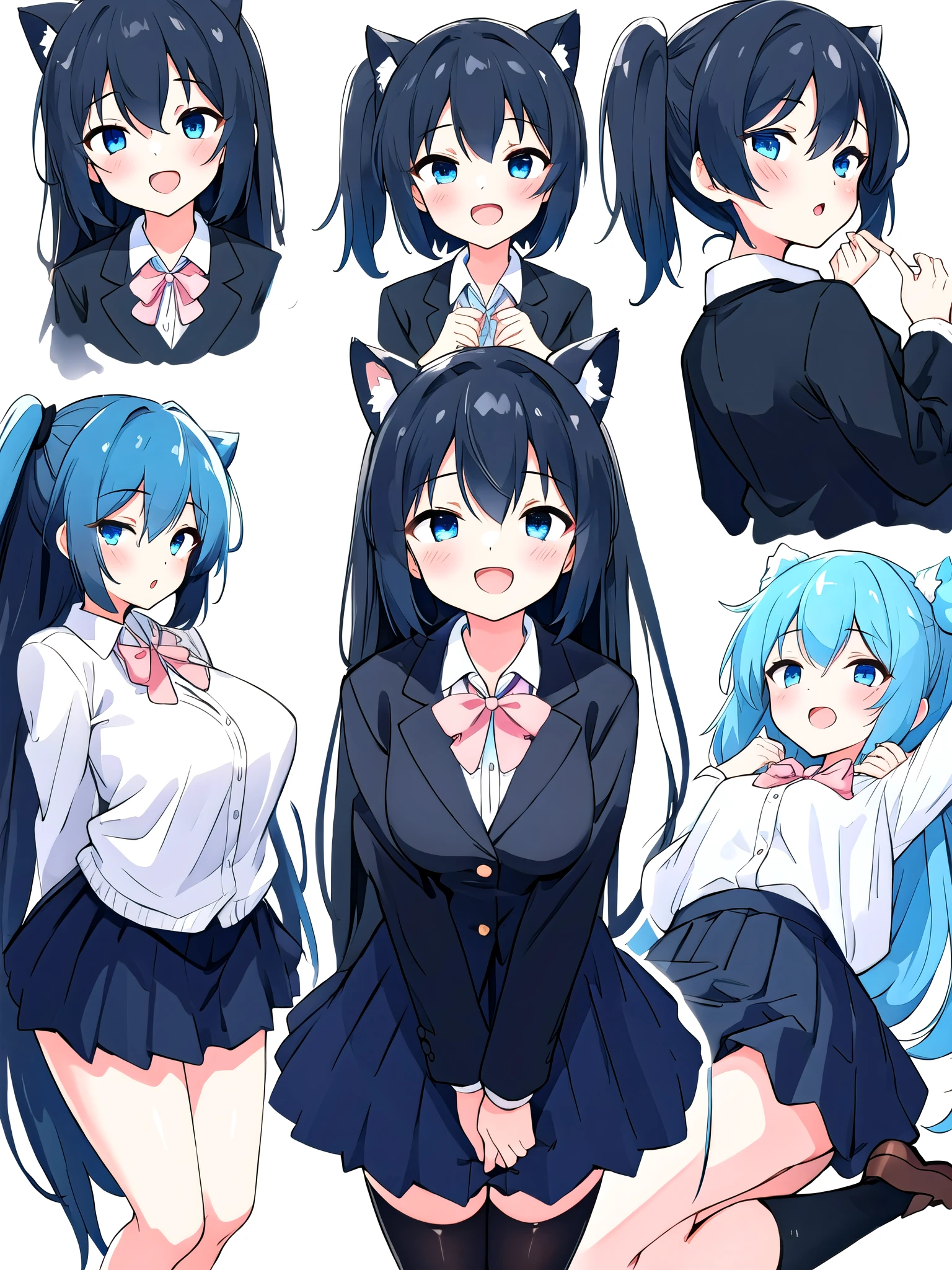 White background、Solid white background、Blank background、only girl, One Girl、Ultra-high resolution, highest quality,black hair、straight long、Black Hair、Full body shot from the front,arms behind back、Put your hands behind your back、Hide your handedium bust、busty、beautiful detailed eyes、Blue Eyes、Black hair × Blue eyes、blue eyes、straight long hair、Solo,Era: Late 20s, Open your mouth without showing your teeth、Smile with mouth wide open、Open your mouth wide、 black long sleeve blazer clothes,Black pleated skirt、Knee-high socks、loafers