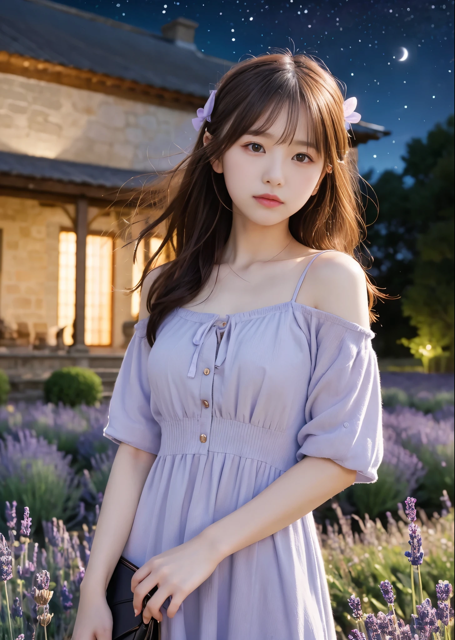 Cute 1 Girl、A girl is standing in a lavender field on a small hill, She is wearing a dress with a small bust、She is wearing a hair accessory made from lavender、Light is visible from the farmhouse window、The Andromeda Galaxy swirls in the night sky、Perfect lighting、Sharp focus、High definition、high resolution、High color reproducibility、High resolution、Surreal、Like the picture