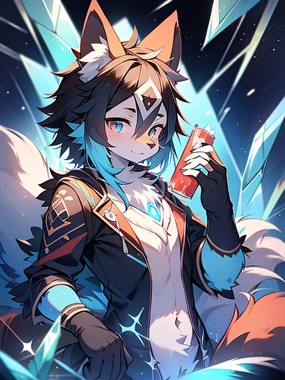 crystal, Star Fox, Men,black hair， (detailed), Fluffy, Solitary, Meticulous and pragmatic, Delicate eyes, ( 红色金色黑色混合颜色crystal瞳孔), ((Blood-colored eyes)), upscale, High Detail, Delicate fur, ((Tail in the right place) ，关于红黄黑crystal