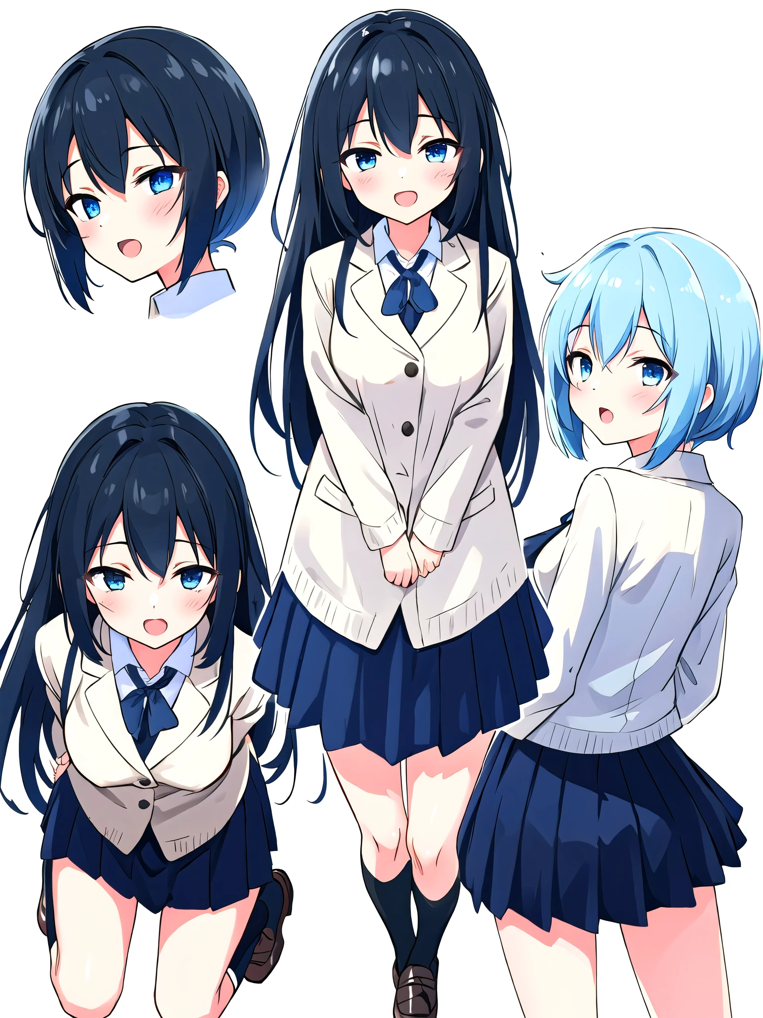 White background、Solid white background、Blank background、one girl, Ultra-high resolution, highest quality,black hair、straight long、Black Hair、Full body shot from the front,arms behind back、Put your hands behind your back、Hide your handedium bust、busty、beautiful detailed eyes、Blue Eyes、Black hair × Blue eyes、blue eyes、straight long hair、Solo,Era: Late 20s, Open your mouth without showing your teeth、Smile with mouth wide open、Open your mouth wide、 black long sleeve blazer clothes,Black pleated skirt、Knee-high socks、loafers