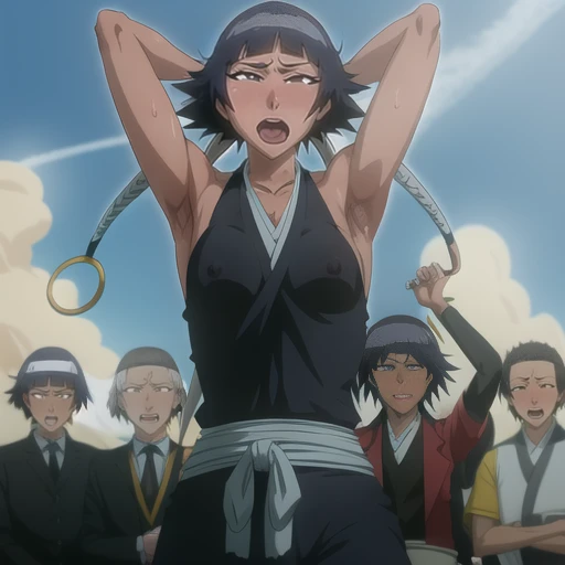( Animation screenshots:1.1),outdoor, Nipples exposed, 1 woman, alone, black hair, side breasts,eternal, short hair with long locks, japanese clothing, - Hip vents, no underwear,short hair, small breasts, (white eyes:1.1),No eyeballs, Also available in black, no headgear,low double braids,facing the audience, looking at the audience, tired, from below, (Exposed armpit:1.1), ((armpit:1.2)), Sexy, Sweat dripping, More and more sweat,(ahegao), (Roll your eyes), naughty face, blush, open mouth, Sticking out tongue, saliva, Slobber,Runny nose,skinny, raise arms, (arms above head:1.5)