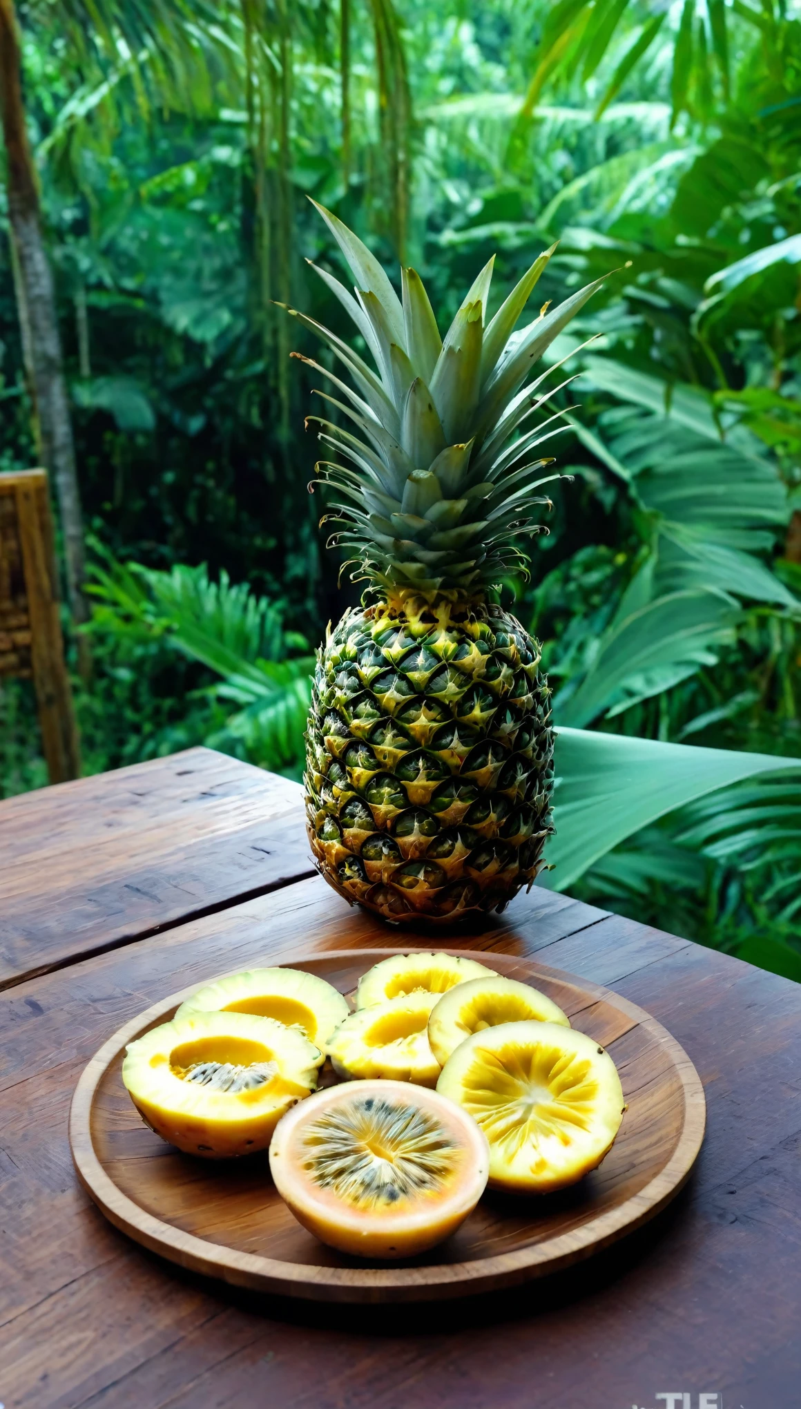 a pineapple anda a passion fruit in a beautiful wooden plate, in a very nice wooden table in a jungle environment, UHD, 8k, ultra-realistic, cinematic