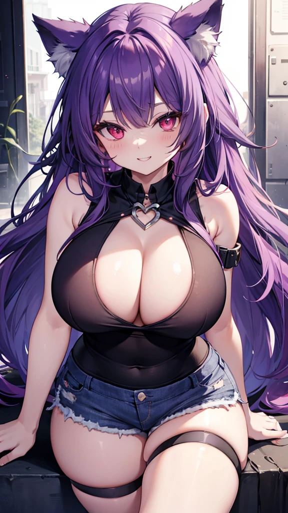 Wolf Girl, Large Breasts, Voluminous purple hair, masterpiece , Red eyes, hd, Thick thighs, Head to Chest, buried in my chest、Underboob、Double teeth、tooth、Sleeveless shirt、Shorts、Chubby、Grinning