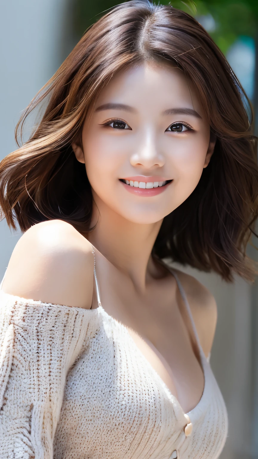 (​masterpiece:1.3), (8K, Photorealsitic, Raw photography, Top image quality: 1.4), Japan high school girls、(Random hairstyles:1.2)、cleavage of the breast:1.2、Super Detail Face、Eye of Detail、double eyelid、Bring your chest together、sharp focus:1.2、prety woman:1.4、light brown hair、top-quality、​masterpiece、超A high resolution、(Photorealsitic:1.4)、Highly detailed and professional lighting smile、Loose and light knitwear、Shoulder out、slender、serious facial expression、short-haired、Fatal position