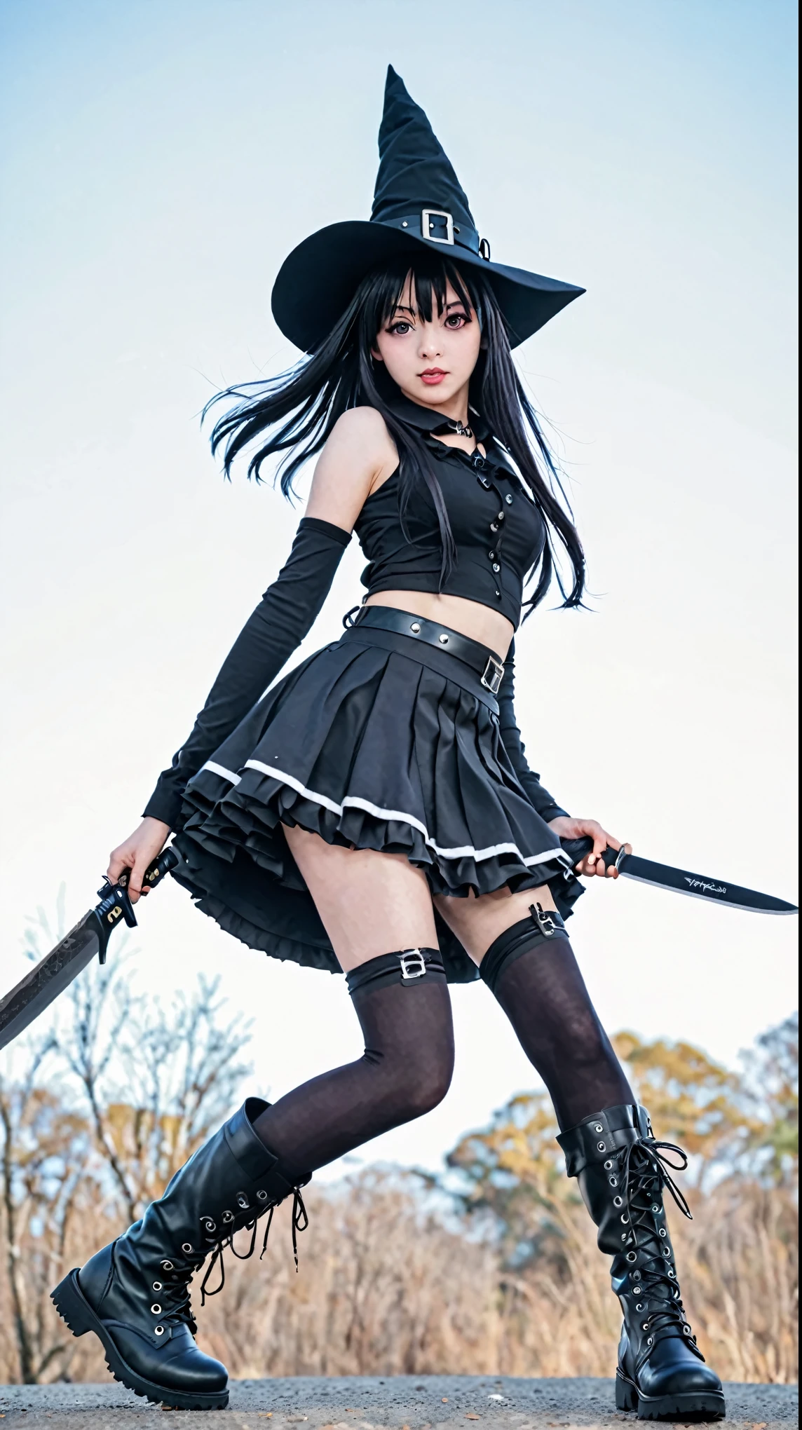 Close-up：A person wearing a skirt and boots holding a knife, Anime VTuber , 🍂 Lovely, 1 7 year old anime goth girl, witch clothes, Very very high quality pictures, Anime style, sakimicchan, Lovely 