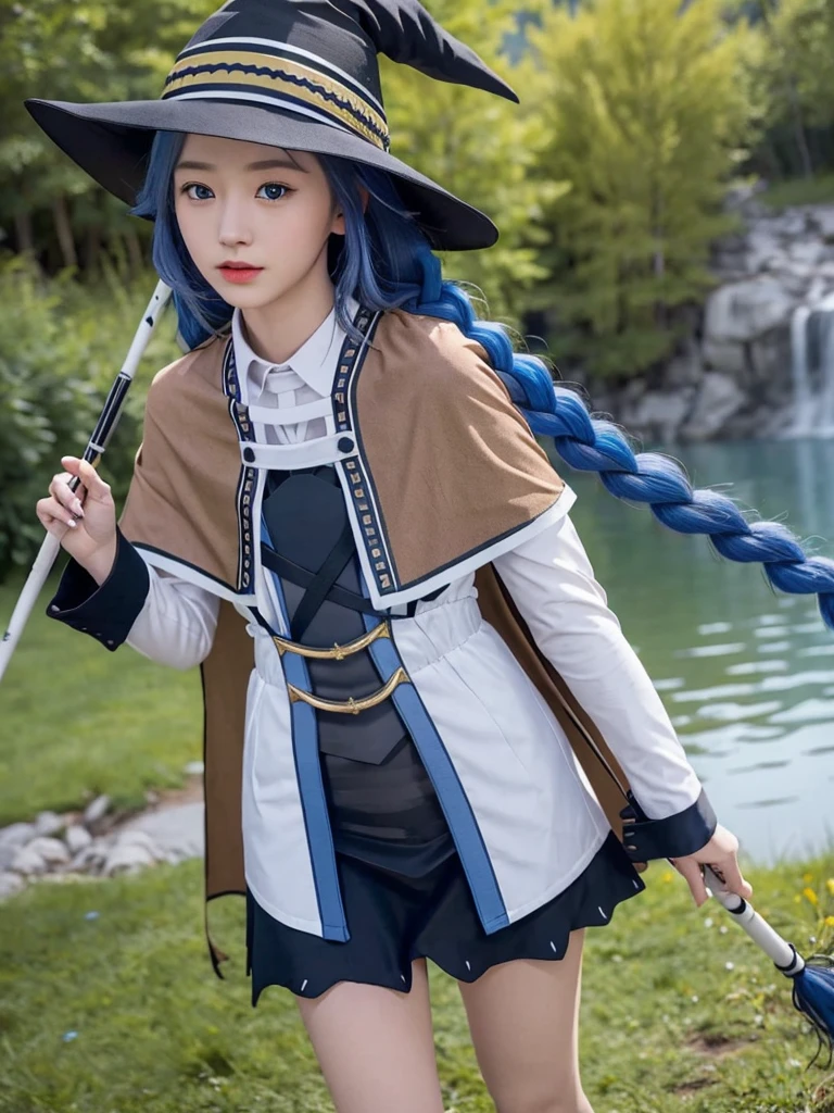 masterpiece, best quality, 1girl,witch hat,blue hair,very long hair,twin braid,hair ribbon,blue eyes,brown cape,long sleeves, black skirt,staff,holding staff, background lake mountain.