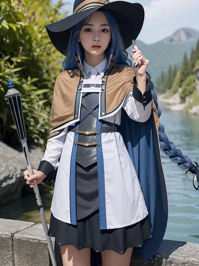 masterpiece, best quality, 1girl,witch hat,blue hair,very long hair,twin braid,hair ribbon,blue eyes,brown cape,long sleeves, black skirt,staff,holding staff, background lake mountain.