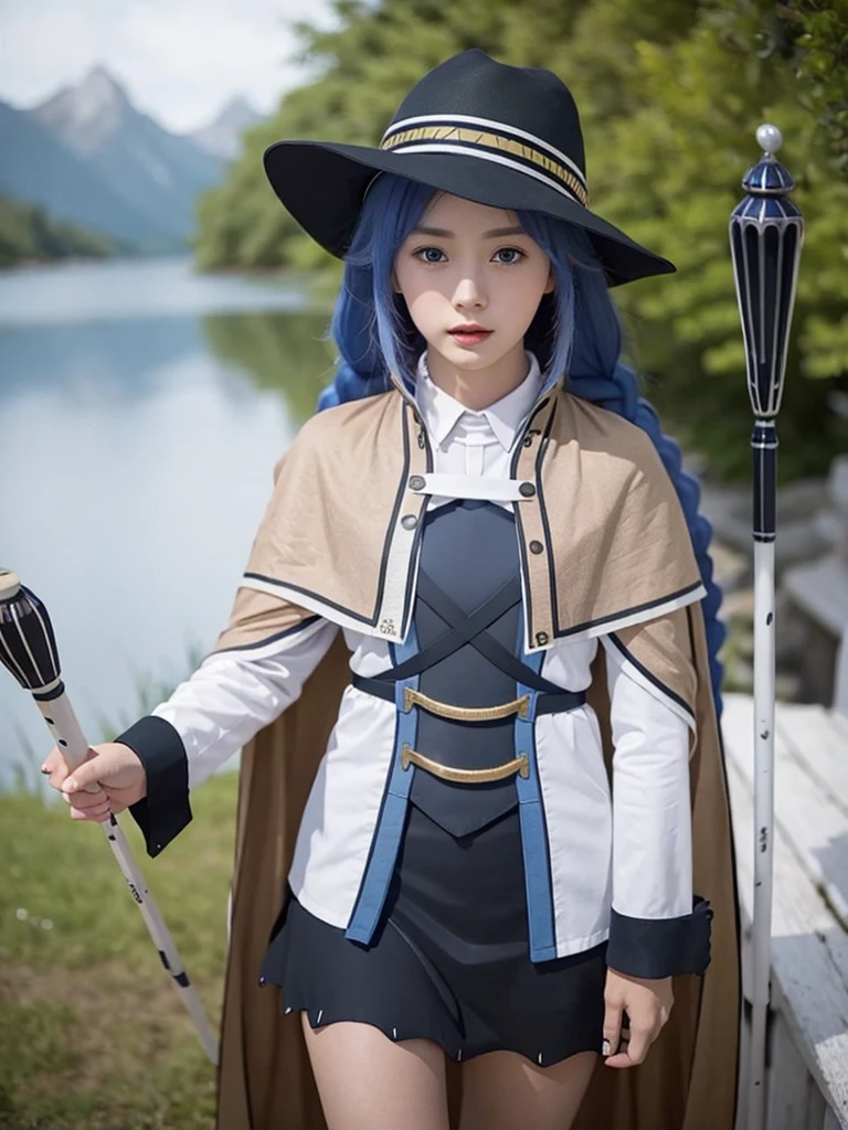 masterpiece, best quality, 1girl,witch hat,blue hair,very long hair,twin braid,hair ribbon,blue eyes,brown cape,long sleeves, black skirt,staff,holding staff, background lake mountain.