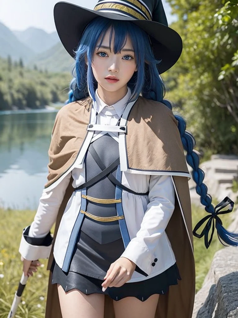 masterpiece, best quality, 1girl,witch hat,blue hair,very long hair,twin braid,hair ribbon,blue eyes,brown cape,long sleeves, black skirt,staff,holding staff, background lake mountain.