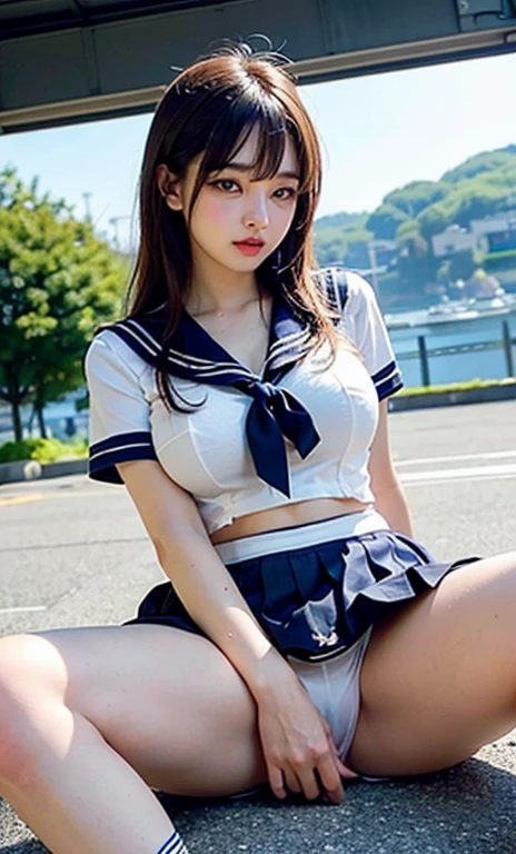 Very detailedな CG Unity 8k 壁紙,highest quality,Very detailed,masterpiece,Realistic,Photorealistic,Bright lighting,,Japanese High School girl、very cute、Innocent big eyes,((Droopy eyes))、Long eyelashes、(Watery eye),((Ecstasy face))、Pant voice、blush、(sleepy)、(Brown hair with bangs),Perfect Skin,Shiny skin,Pure white skin,Fine skin,Big and ample breasts,((Perfect Anatomy,Nice hands,Perfect hands,Five fingers connected to the palm,Precise needles without discomfort)),((Navy Pleated Mini Skirt:1.5))、(Short-sleeved white sailor suit:1.5)、Japanese High School、(Luxury White Lace Panties:1.3)、(My sailor suit got torn、I see big breasts:1.3)、(My sailor suit got torn、Nipples are visible:1.3)、Angle from below,((Spread your legs wide:1.5)),(Lift your legs)、(Her white lace panties are visible:1.5)、(Luxury White Lace Pantiesを精密に描く:1.3)、((Thin thighs))、((Thin legs))、Beautiful legs、on the grass in the park、