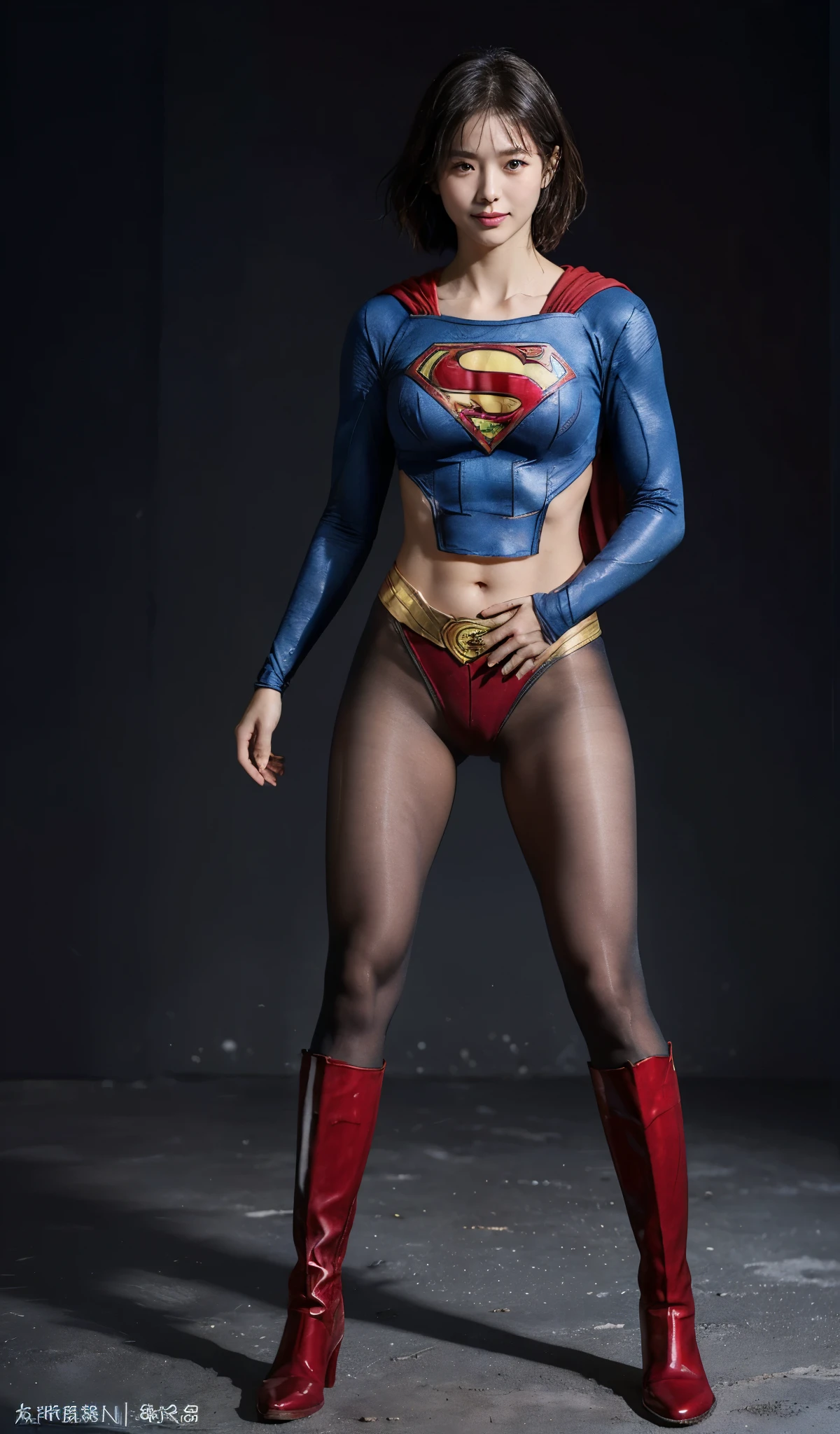 No background、(((Beautiful legs in black tights.)))、(((Legally express the beauty of your smile)))、((((Make the most of your original images)))、(((Supergirl Costume)))、(((beautiful short bob hair)))、(((suffering)))、(((Please wear black tights....、Wear red boots)))、((Best image quality、8K))、((highest quality、8K、masterpiece:1.3))、(((Preserve background )))、Sharp focus:1.2、Beautiful woman with perfect figure:1.4、Thin abdominal muscles:1.2、Wet body:1.5、Highly detailed face and skin texture、8K