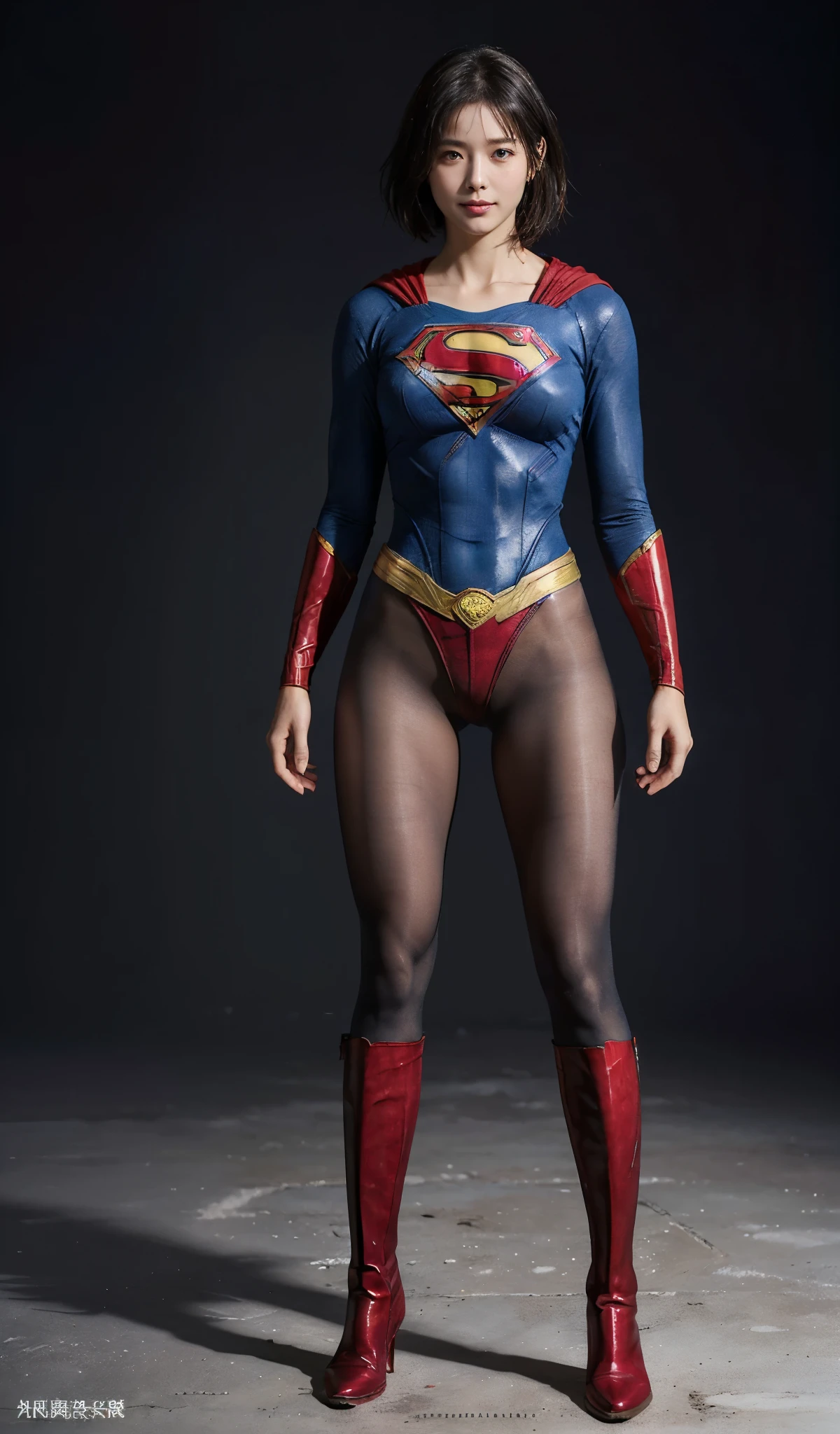 No background、(((Beautiful legs in black tights.)))、(((Legally express the beauty of your smile)))、((((Make the most of your original images)))、(((Supergirl Costume)))、(((beautiful short bob hair)))、(((suffering)))、(((Please wear black tights....、Wear red boots)))、((Best image quality、8K))、((highest quality、8K、masterpiece:1.3))、(((Preserve background )))、Sharp focus:1.2、Beautiful woman with perfect figure:1.4、Thin abdominal muscles:1.2、Wet body:1.5、Highly detailed face and skin texture、8K