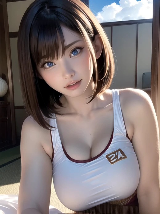 Japanese Girls,(非常にdetailedな肌),curvy,,Beautiful big breasts,(Big Breasts),Pale skin,Pointed Chest,Erect nipples,(Fantasy art,Best image quality,Hyperrealist portrait,(8k),Ultra-realistic,最high quality, high quality, High resolution, high quality texture,Attention to detail,Beautiful details,detailed,Extremely detailed CG,detailed Texture,Realistic facial expressions,masterpiece,in front,dynamic,bold),Beautiful and mature short hair,A rounded bob hairstyle that follows the lines of the face、(Very soft hair),(Super Straight Hair:1.5), sleek bangs,Very light coppery amber hair,Hair on one eye、Wearing a beach volleyball uniform、Her clothes fit her body perfectly......、The lines of the body look beautiful、At the Beach、Sleeping on your stomach、whole bodyを描く、whole body