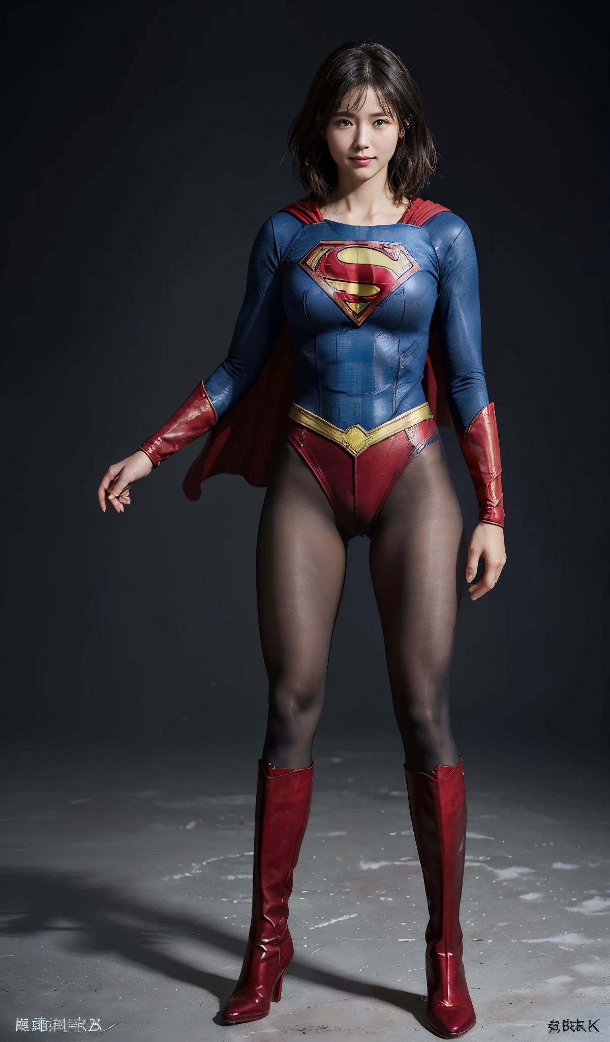 No background、(((Beautiful legs in black tights.)))、(((Legally express the beauty of your smile)))、((((Make the most of your original images)))、(((Supergirl Costume)))、(((beautiful short bob hair)))、(((suffering)))、(((Please wear black tights....、Wear red boots)))、((Best image quality、8K))、((highest quality、8K、masterpiece:1.3))、(((Preserve background )))、Sharp focus:1.2、Beautiful woman with perfect figure:1.4、Thin abdominal muscles:1.2、Wet body:1.5、Highly detailed face and skin texture、8K