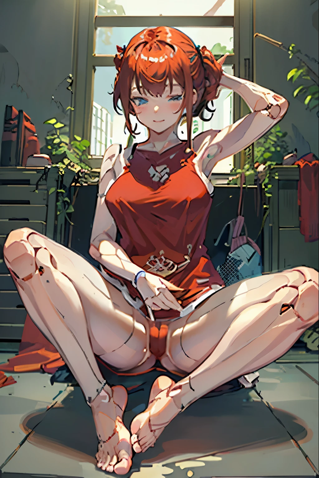 A Female robot is sleeping in bathtub, spread legs, nude, banzai pose. she wears no dress. She Brown short hair is tied with two big red clothespins, She lifts up the under hem of her white plain dress, leaning over, masterpiece, very short pigtails,brown hair, mature, android, blue eyes, full body figure, Height: 160cm, flushed cheeks, 2020s anime picture, A beautiful robot with short brown hair in two short pigtails held up by two very large huge red clothespins, Uplifting, No NSFW, whole body, barefoot, archaic smile, getting orgasm, 25 years old, sweat bucket.