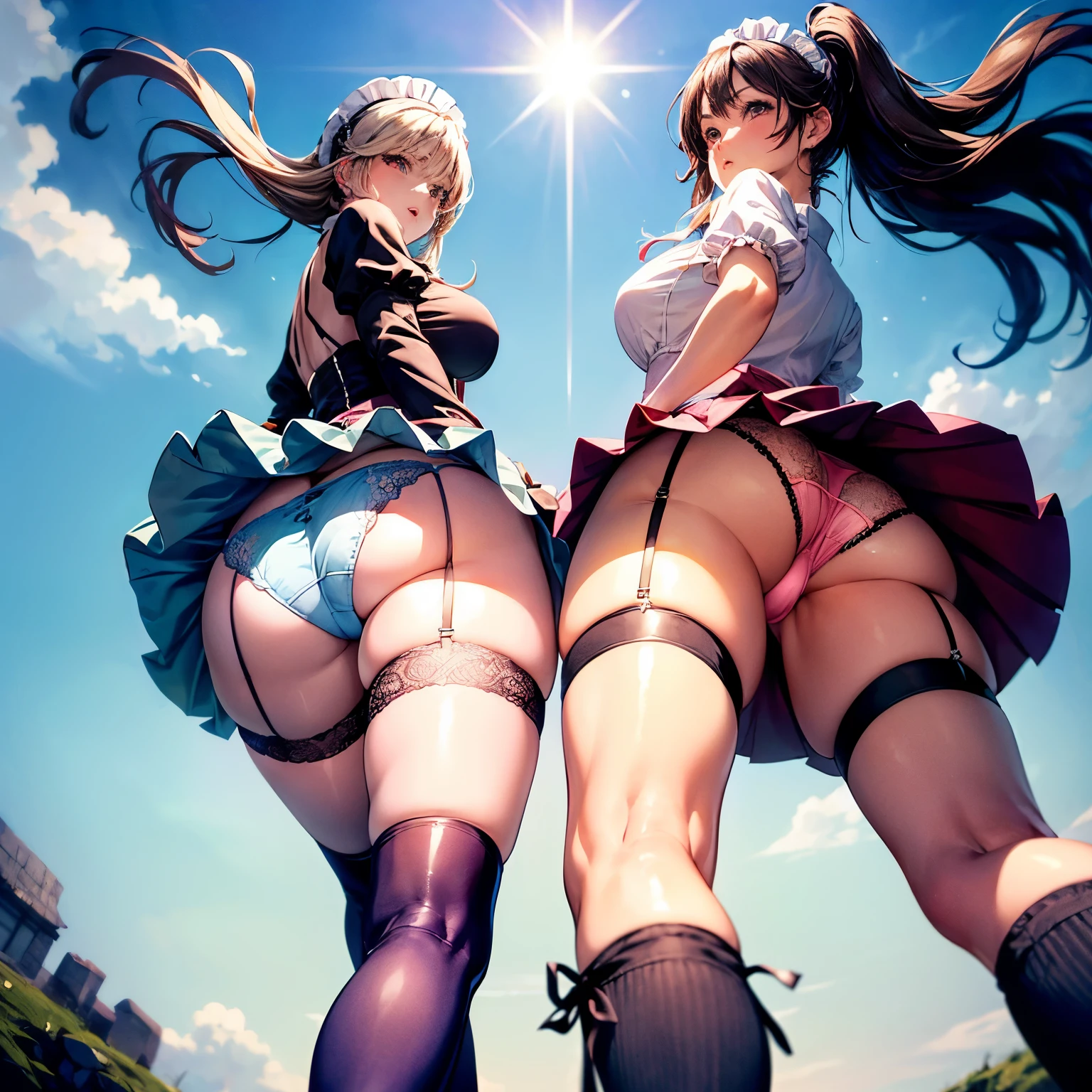 (Two womenが街中を並んで歩いている:1.3), (Two women:1.2), whole body, Sole, (masterpiece, highest quality, High resolution, 超High resolution, Perfect Pixel, Depth of written boundary, 8K, RTTX 10.0), Cinema Lighting, Best Shadow, The best natural light, Cinematic, ((Smooth texture:0.75, Realistic texture:0.5, Anime CG Style)), Beautiful Anime Women, Beautiful art style, Anime characters, ((Detailed face:1.2)), (Brown Hair, Side Ponytail), Slender body,Beautiful thighs, (black and white maid outfit, Long skirt, garter belt, Knee socks:1.2), (shiny light blue satin panties:1.3)、(shiny pink satin panties:1.3)、(Horizontal lace panties that cover the butt:1.1), Embarrassed expression, (A strong wind from below is blowing her skirt up:1.3), look back, Realistic, Angle from behind