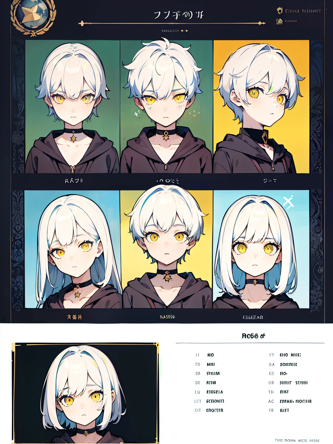 ((Masterpiece, Highest quality)), Detailed face, character sheets, full bodyesbian, Full of details, Multiple poses and expressions, Highly detailed, Depth, Many parts, 1boys , Children all over the body,White color hair，Black pick dye，Yellow eyeitts, Stockings, Black choker, The eye, Star (symbol), pupils in symbol shapes