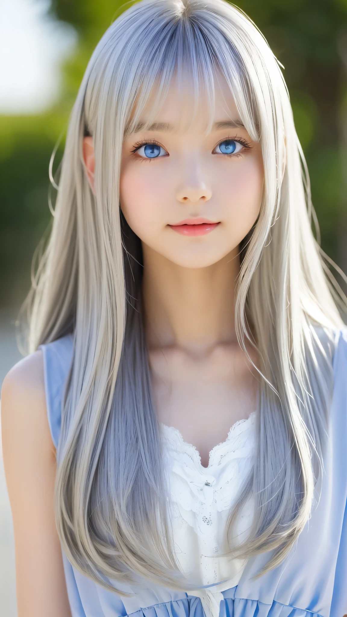 Shining, clear, white skin、Her windblown silver hair hides her beautiful face.、huge、28 years old cute sexy little beautiful face、Beautiful straight hair that stands out、growing up, Sparkling light blue eyes、long silky bangs that cover cute eyes, Sexy and cute young woman with super long hair hiding her sexy face、super long silver hair