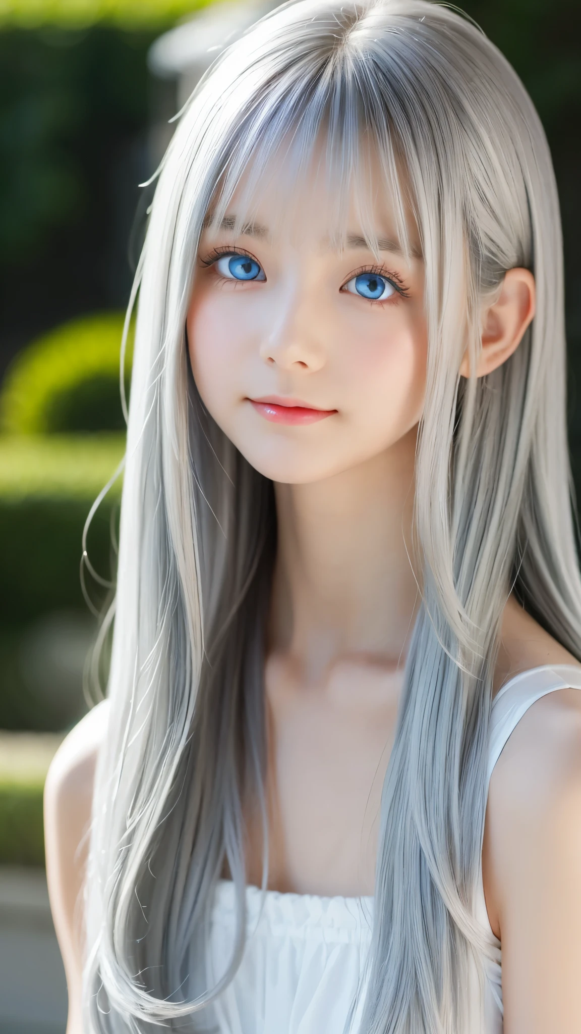 Shining, clear, white skin、Her windblown silver hair hides her beautiful face.、huge、28 years old cute sexy little beautiful face、Beautiful straight hair that stands out、growing up, Sparkling light blue eyes、long silky bangs that cover cute eyes, Sexy and cute young woman with super long hair hiding her sexy face、super long silver hair