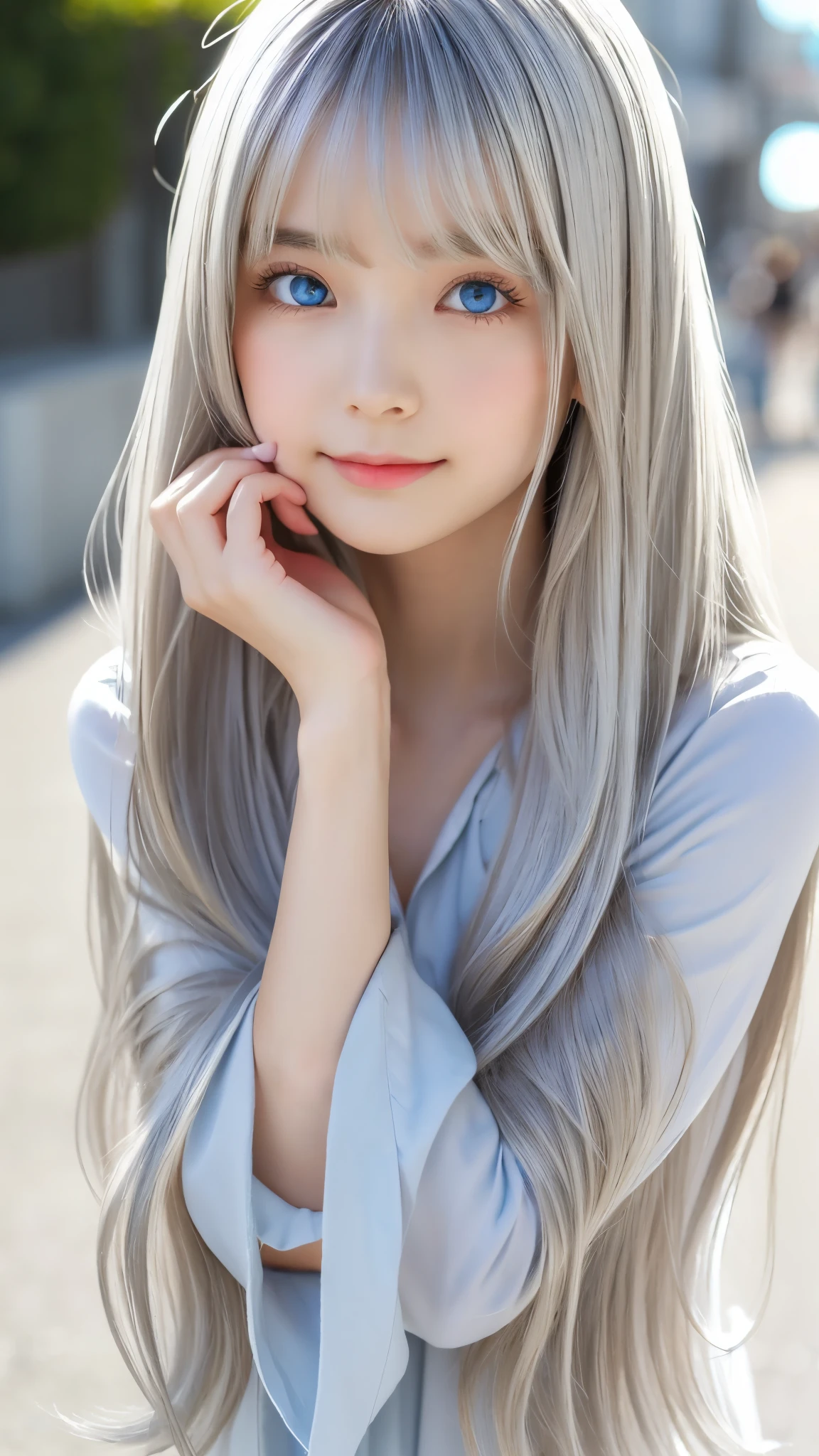 Shining, clear, white skin、Her windblown silver hair hides her beautiful face.、huge、28 years old cute sexy little beautiful face、Beautiful straight hair that stands out、growing up, Sparkling light blue eyes、long silky bangs that cover cute eyes, Sexy and cute young woman with super long hair hiding her sexy face、super long silver hair