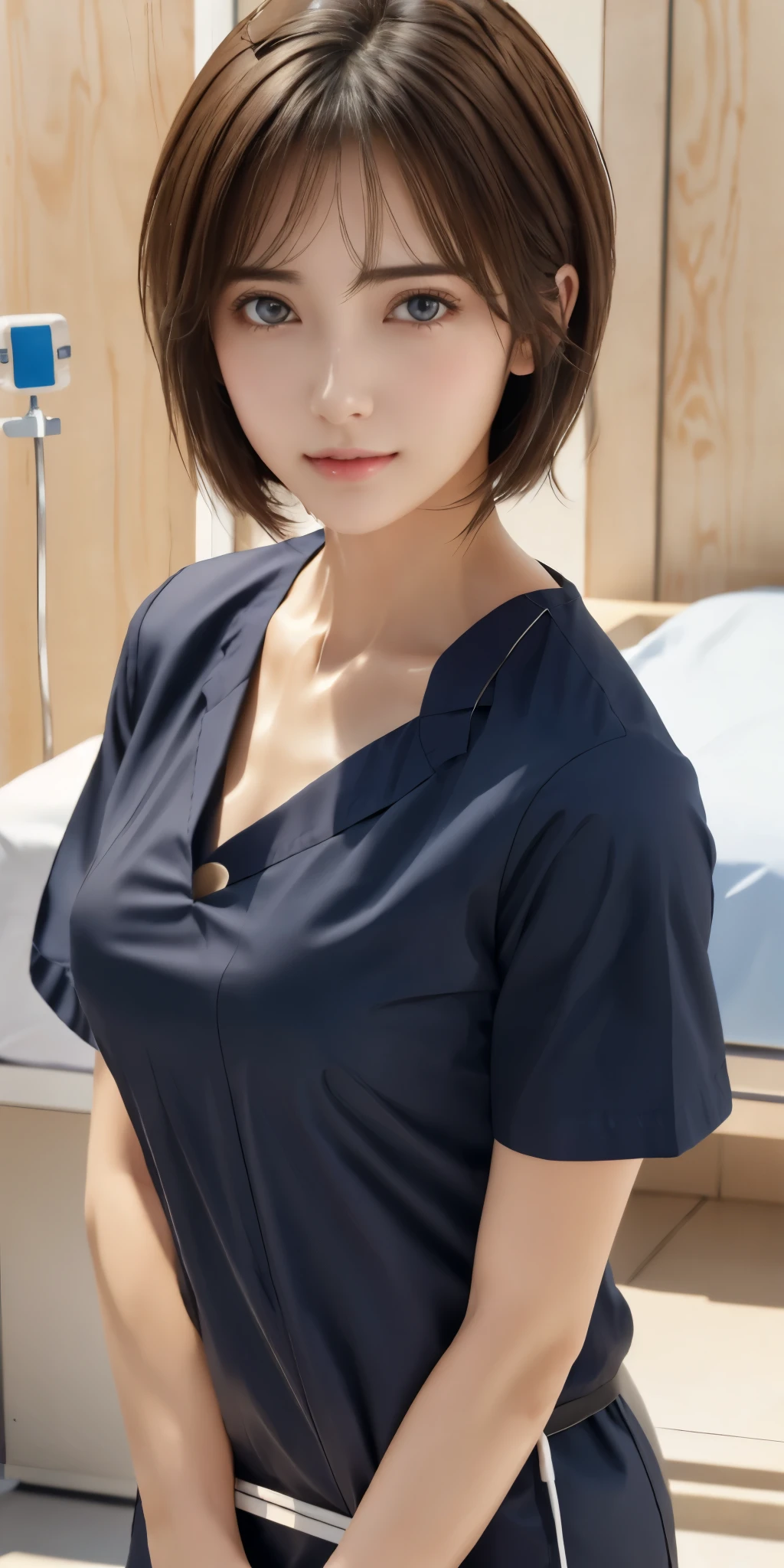 NSFW、16k、Photorealistic、highest quality、masterpiece、Ultra-high resolution、Raw photo、Realistic、Bright lighting、Face Light、Smooth Professional Lighting、Looking at the camera、alone、Adult women、Beautiful woman、Super Beauty、Realistic肌、Moisturized Skin、Realistic eyes and faces、Perfect model body shape、Beautiful Eyes、Big eyes、Inconspicuous tear bags、slim、Medium sized big breasts、No bra、Camel Toe、Beautiful fingers、Very short hair、Very black hair、Very dark eyes、seems to be happy、((Both ears are hidden in the hair))、(A cowboy shot that shows the top of his head)、(((Short sleeve nurse uniform)))、(((Nurse Uniform)))、((hospital、Hospital room))、
