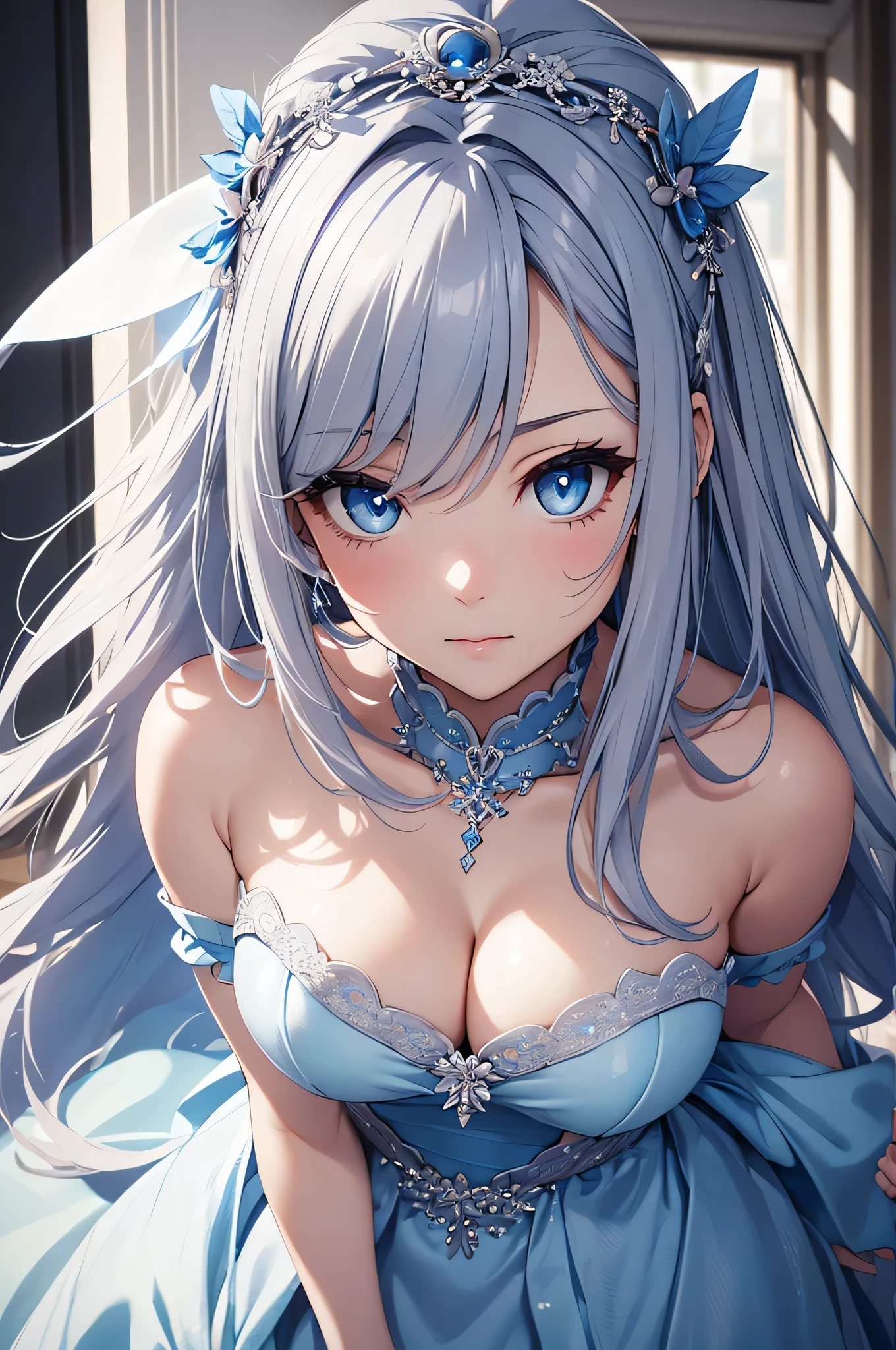 beautiful girl, Gray Hair, blue eyes, sexy blue wedding dress, Big Breasts、blue hair ornament