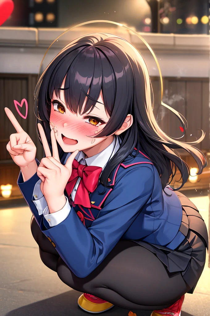 (nsfw),masterpiece,ultra detailed,sharp focus,4k digital art,high resolution,(double peace,peace sign,v sign with both hands:1.5),(suffering and blushed:1.5),bukkake,(adult beautiful face,curvy female),(face focus:1.2),navy blazer,pleated skirt,bow tie,(black hair,medium straight hair),tongue,at public park,night,outdoor,night light,(sweaty:1.2),grinning,cum on face,(trembling,flying heart-shapes),(squatting and spreading legs),open mouth,pubic hair