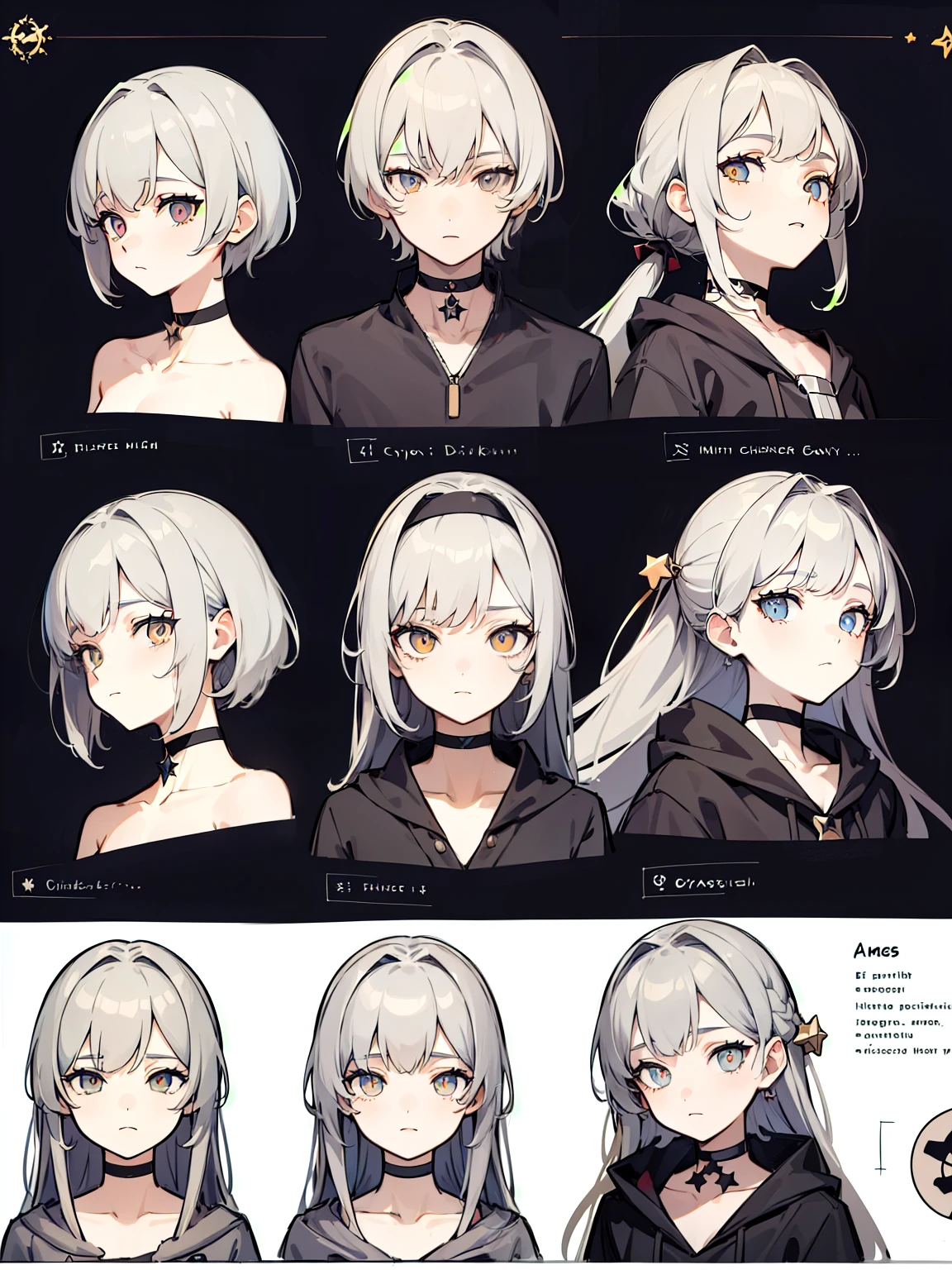 ((Masterpiece, Highest quality)), Detailed face, character sheets, full bodyesbian, Full of details, Multiple poses and expressions, Highly detailed, Depth, Many parts, 1boys , Children all over the body, grey hair，Black pick dye，amber eyes, Stockings, Black choker, The eye, Star (symbol), pupils in symbol shapes