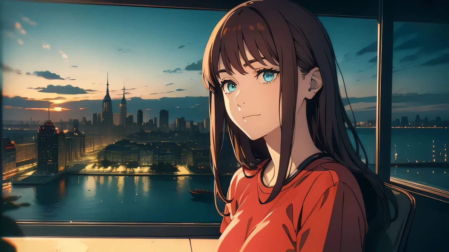 ((((masterpiece, highest quality, Ultra-high resolution)))), 1 girl, Are standing, (loose fitting red t-shirt, loose blue shorts), Long back hair, Long black hair, Pale skin, ((shining brown eyes)), ((ultra Beautiful Eyes:1, Beautiful and dense face, Beautiful Eyes:0.5)), Hollow Eyes, smile, (((Realistic cityscape)))