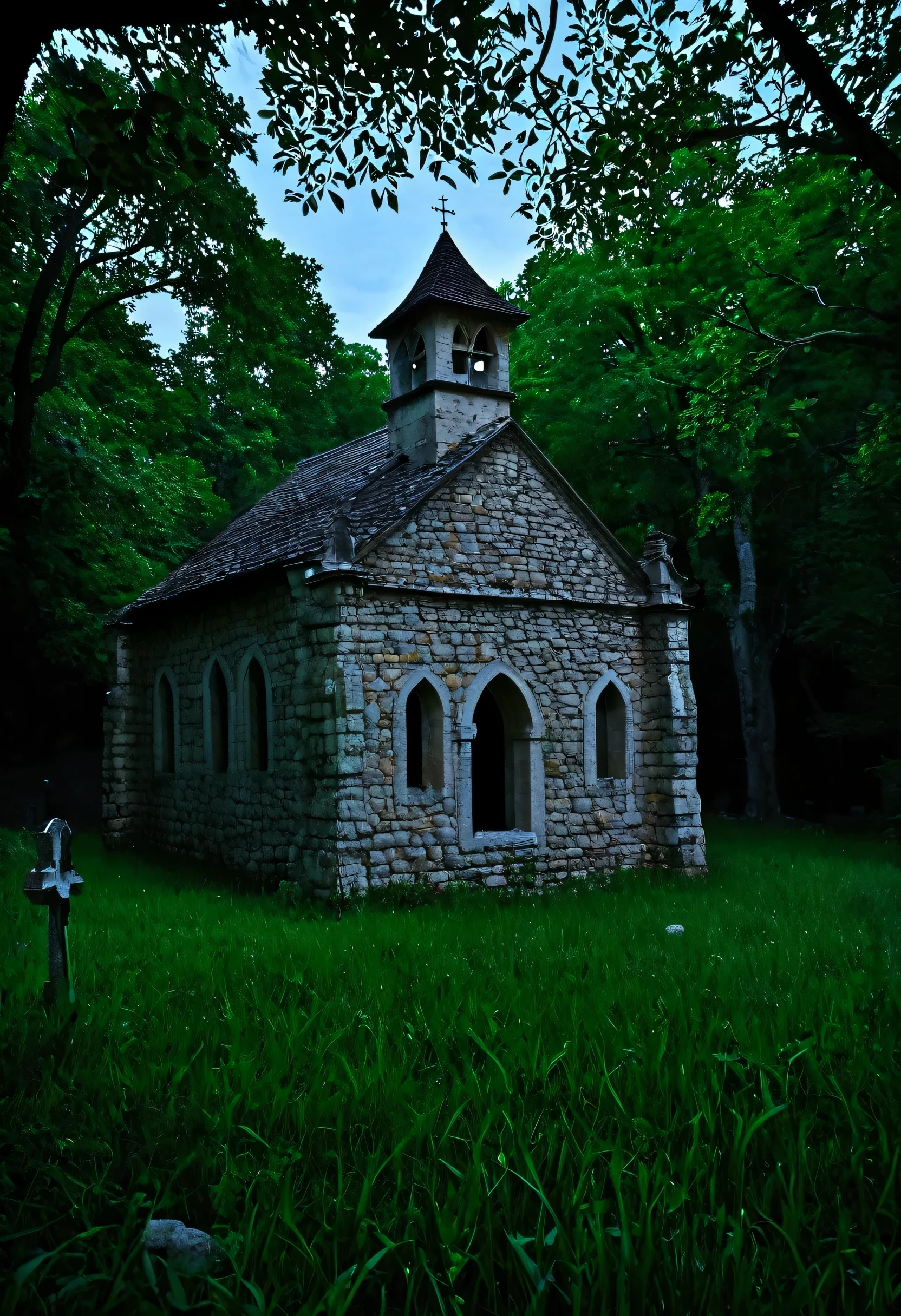 There are lots of fireflies flying around,There is a small stone building with stone walls and trees., Light from the window, Flicker, Romanesque, Cemetery, Nartex, built into wood or stone, old gothic basement, Abandoned, Church in the Forest, basement, Color, Pain々Beautiful,, Dark Dark Church