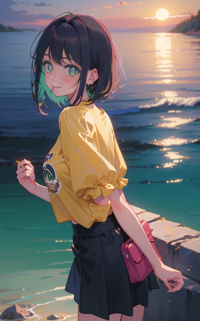 (8K), (Masterpiece), ((Show the whole body)), ((One mature woman, alone)), ((Bob Short Hair:2.0, Cool yellow shirt:2.0, Black Mini Skirt 2.0)), Neat clothes, Beautiful detailed hair, Brown brunette hair, The back hair inner color is pink, Rounded chin, Beautifully detailed face, Perfect beautiful face, View your viewers, Smile, Mouth closed, (Perfect beautiful eyes, Green Eyes), modern clothing, Quiet sea at dusk, (Large piercing in left ear)