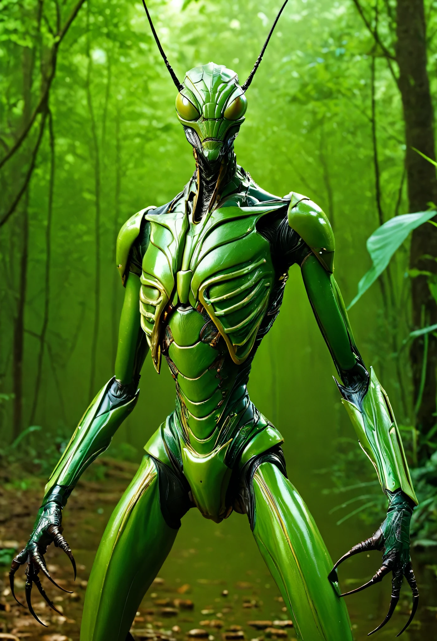 (best quality,4k,8k,highres,masterpiece:1.2), ultra-detailed, (realistic,photorealistic,photo-realistic:1.37), In the realm where human ingenuity meets the primal ferocity of nature, a hybrid monstrosity known as the "Mantihuman" roams, a fusion of human and mantis in a terrifying amalgamation.

At first glance, the Mantihuman appears as a distorted humanoid figure, but upon closer inspection, its insectoid traits become unmistakable. Its torso and limbs are adorned with a sleek, iridescent exoskeleton, a seamless blend of human musculature and mantis-like armor. Sinewy muscles ripple beneath its chitin, granting it both strength and agility beyond human limits.

The creature's head is a grotesque fusion of human and mantis features, with bulging compound eyes dominating its visage, each reflecting the world around it with uncanny precision. Its mouthparts, sharp and serrated, click together in anticipation, ready to deliver a lethal strike with deadly precision.

From its shoulders extend a pair of formidable mantis-like forelimbs, each tipped with razor-sharp scythes capable of rending steel with ease. These limbs can fold back against its body when not in use, giving the illusion of normal human arms until the moment of attack.

Despite its monstrous appearance, there remains a haunting semblance of humanity in the Mantihuman's form. Its torso retains the shape of a human chest, albeit covered in a layer of chitinous plating, and its lower limbs resemble those of a human, albeit with a slight angularity reminiscent of a mantis's stance.