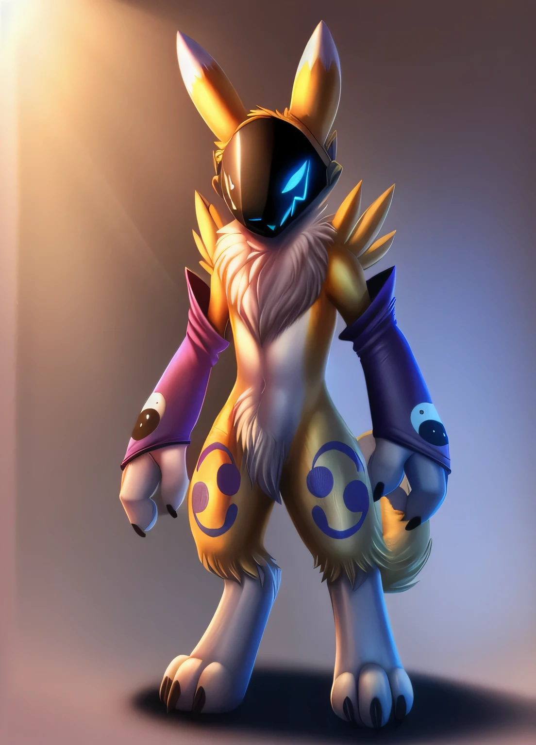 renamon, furry, chibi, anthro, ambiguous gender, portrait, fully body, standing, solo, (body fur:1.2), (best quality), gradient background, studio lighting, (detailed fluffy fur:1.1), looking at viewer, yin yang print, bridal gauntlets, tail, leg tattoo, protogen viewer, solo, masterpiece, high detailed, smile