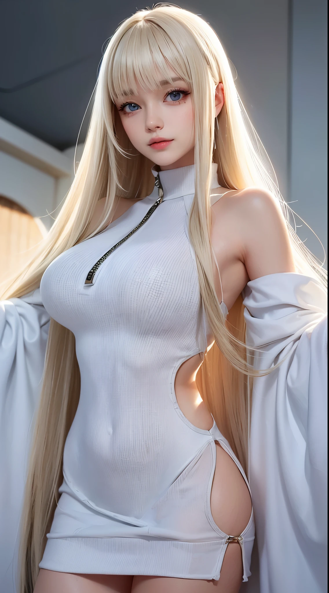 (Baby Face, Virgin face,  masterpiece, High resolution, 8k, 1 girl, Super detailed, Fine skin, White skin, Lighten up the subject, Cinema Lighting, Beautiful Face, Fine grain, Lip gloss), (((Detailed anatomy))), Blonde, Super long hair, Hime cut, Silky straight hair, Blunt bangs, blue eyes, (Slender body), ((Saggy breasts)), (((Large Breasts))), photograph, (Focus on the upper body), Cute smile, View your viewers, Wearing a white knit long sleeve, Wearing a white knit long sleeve, Blonde Super long hair, Straight long hair, Hime cut, Silky straight hair, Blunt bangs, Blunt bangs, lure, 28 year old girl,The front zipper is open, exposing her chest
