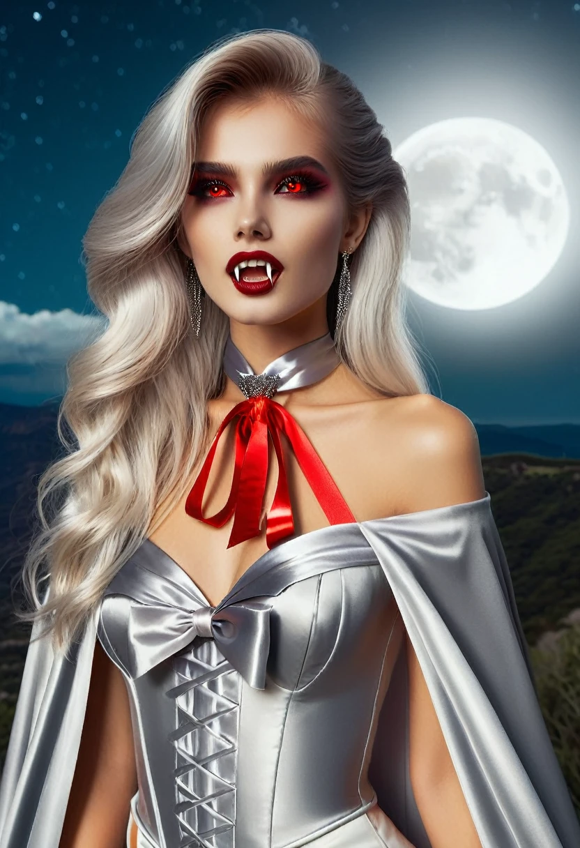 Vampyfangs(RAW Photo) , (highly detailed:1.20) , ultra realistic :1.10) ,sexy girl in her 20s , (perfect face:1.20) , (detailed red eyes:1.20) , with long silver hair in ponytail , (((long silver satin cape tied at the neck with a ribbon :1.20))) , naked  , full body, standing on windy hilltop at night , full moon , high-quality ultra realistic style, detailed eyes, professional, expressive , 8K , highly detailed , professional,