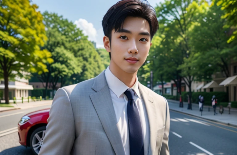(( big eyes and keep eyes contact ))(( real photos))((highest quality))The light on the face is natural and realistic(( Smile and comfortable )) (One wearing a white shirt、Asian man in suit and tie,Age 28.Height 182 cm)、best quality、masterpiece、Ultra-high resolution、(Photo realism:1.4)、Full body image、(A young handsome man in a suit standing on the street outdoor、Standing under the red maple tree、Red and big maple leaves、delicate leaves、branch details)、(A white BMW car next to the man、Man's hands on car roof)Octane Rendering、8K、Super sharp、realistic light、(There is only one car on the street、man's big shining eyes、looking in the direction of the camera)、、Ultra high quality、tall gentleman、very beautiful hair、Bright photos、As handsome as a model、As handsome as an idol,Professional profile photo, Professional portrait photos、Realistic portrait photos, Detailed color portrait, Portrait of an idol, High quality full body portrait photos.