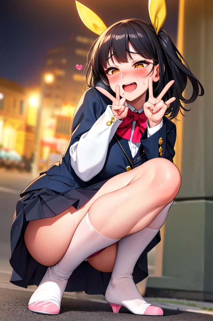 (nsfw),masterpiece,ultra detailed,sharp focus,4k digital art,high resolution,(double peace,peace sign,v sign with both hands:1.5),(suffering and blushed:1.5),bukkake,(adult beautiful face,curvy female),(face focus:1.2),navy blazer,pleated skirt,bow tie,(black hair,medium straight hair),tongue,at natural public park,night,outdoor,night light,(sweaty:1.2),grinning,cum on face,(trembling,flying heart-shapes),(squatting and spreading legs),open mouth,pubic hair