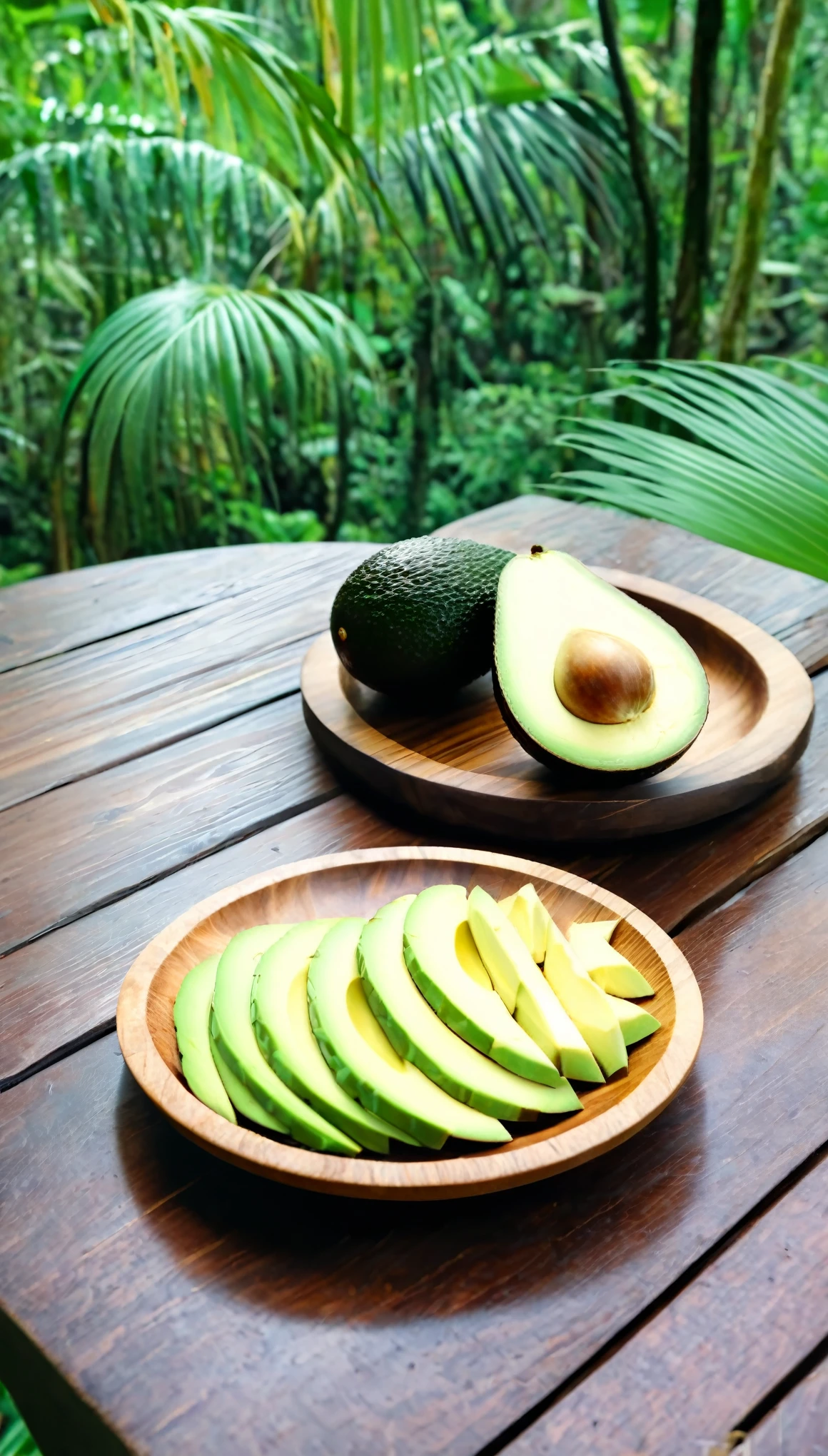 a avocado in a beautiful wooden plate, in a very nice wooden table in a jungle environment, UHD, 8k, ultra-realistic, cinematic