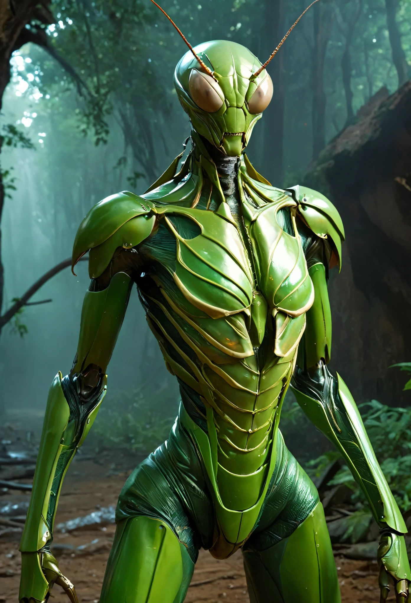 (Best Picture Quality,4K,8K,Hi-Res,Masterpiece:1.2), Ultra-Detailed, (Realistic,Photorealistic,Photorealistic:1.37), In the realm where human ingenuity meets nature's primal ferocity, a hybrid monster known as the "Mantihuman" roams. At first glance, the Mantihuman takes the form of a distorted female humanoid, but upon closer inspection, it resembles an insect. Its torso and limbs are adorned with a smooth, iridescent exoskeleton, a seamless fusion of human musculature and mantis-like armor. Beneath its chitin ripples muscularity, giving it strength and agility beyond human limits. The head is a grotesque fusion of human and mantis features, with bulging compound eyes dominating its face, each reflecting the world around it with eerie precision. Sharply serrated mouthparts click and clack, ready to deliver a deadly blow with precision. Mantis-like forelimbs extend from their shoulders with sharp sickles at their tips that can easily slice through steel. These limbs can be folded back into the body when not in use, giving the illusion of normal human arms until the moment of attack. Despite its monstrous appearance, the mantic human's figure still retains a human-like quality. The torso retains the shape of a human chest, albeit covered with a layer of chitinous plating, and the lower limbs resemble those of a human, albeit with a slight angularity reminiscent of the posture of a praying mantis.(NSFW:1.3)